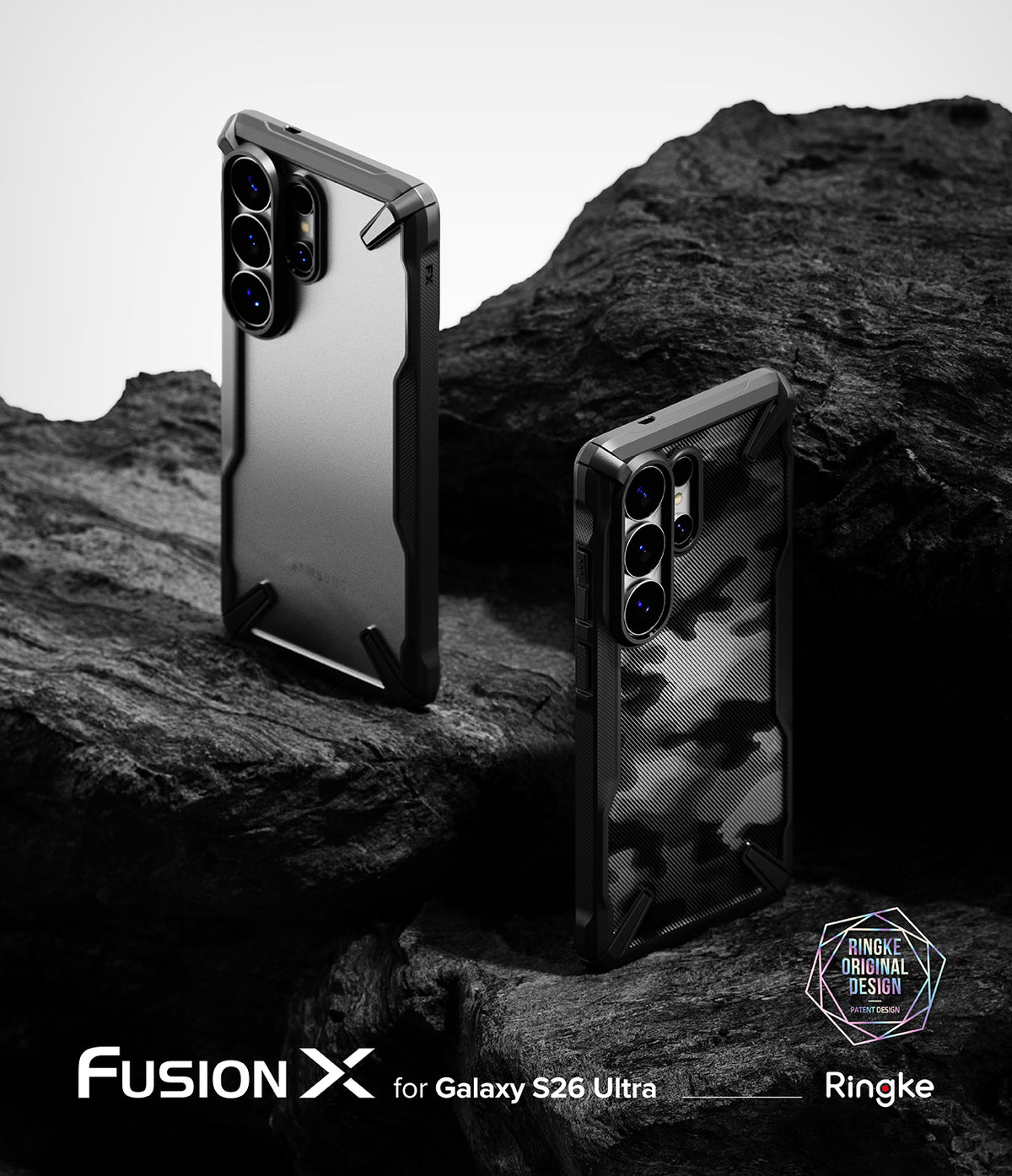 Galaxy S26 Ultra Case | Fusion-X - Two Galaxy S26 Ultra phones in Fusion-X cases resting on dark, jagged volcanic rock.