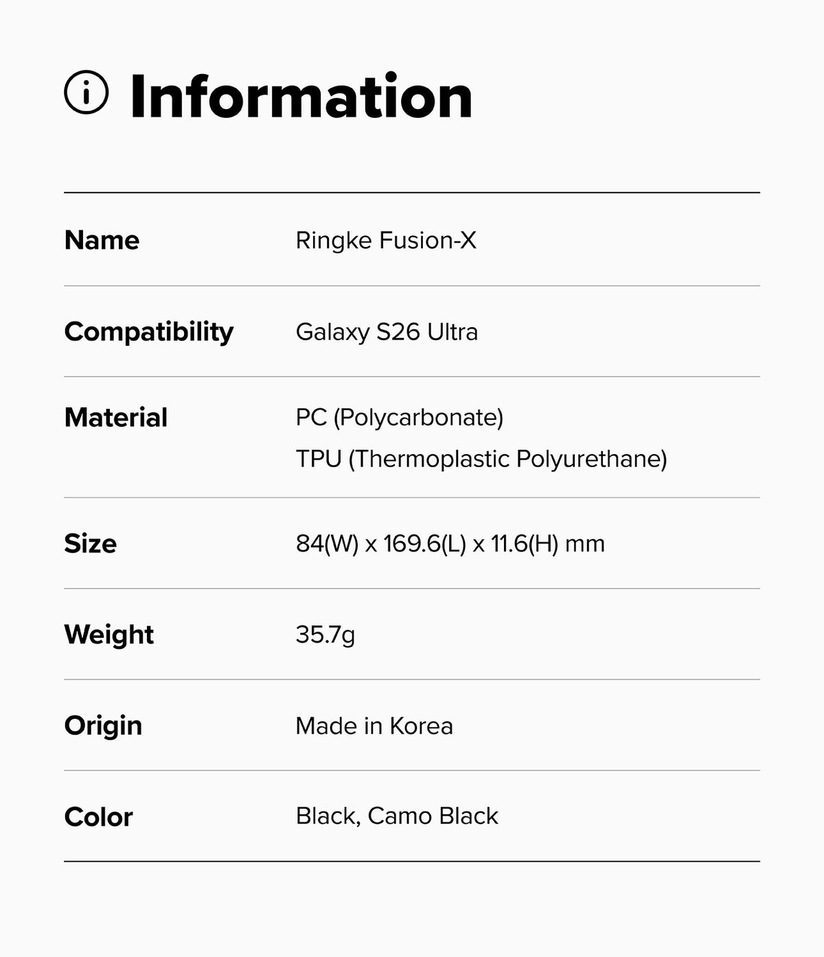 Galaxy S26 Ultra Case | Fusion-X - Information table listing specifications for the Ringke Fusion-X case for Galaxy S26 Ultra.