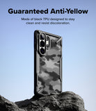 Galaxy S26 Ultra Case | Fusion-X - Black patterned phone case standing on a rock against a clear blue sky.