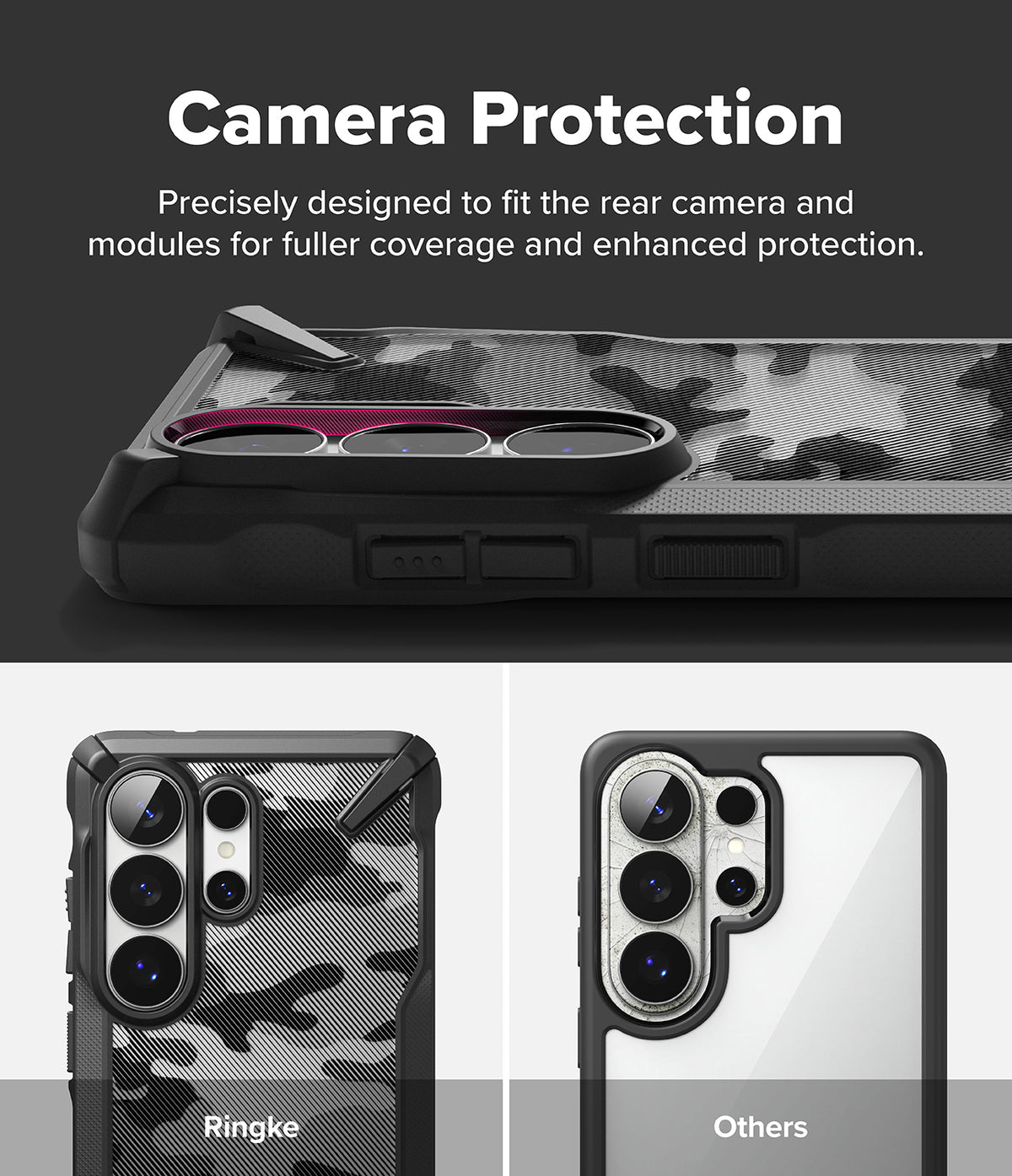 Galaxy S26 Ultra Case | Fusion-X - Comparison showing the Fusion-X case providing full camera module coverage versus others.