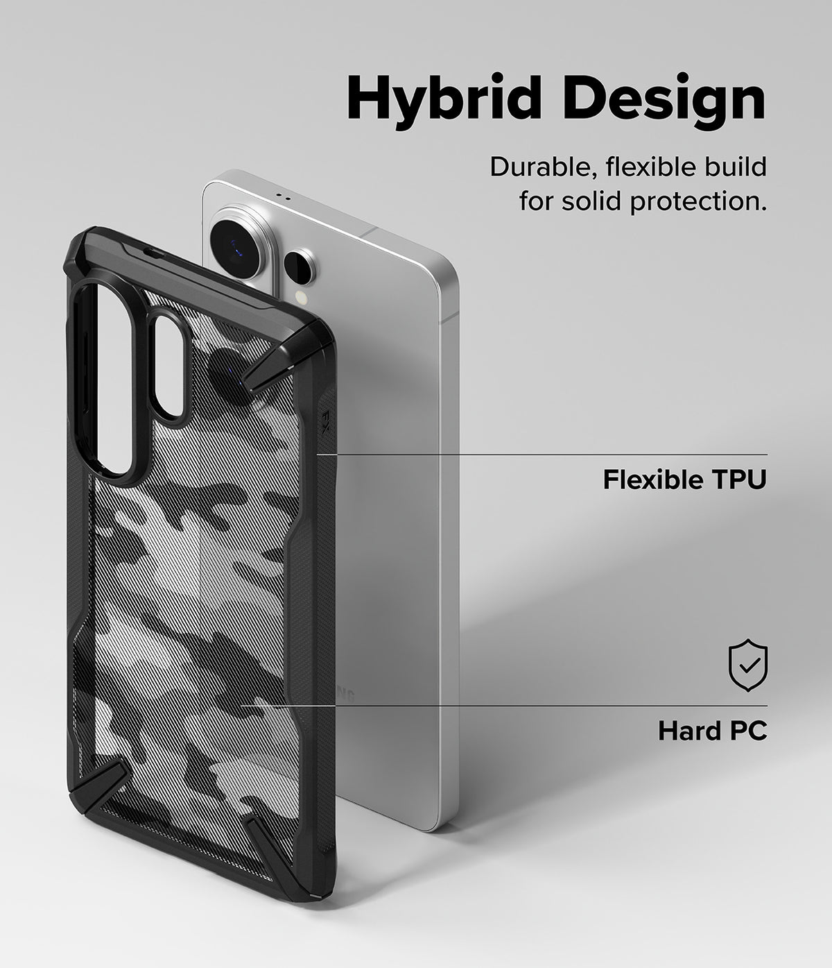 Galaxy S26 Ultra Case | Fusion-X - Camouflage phone case with flexible TPU frame and hard PC back shown next to a phone.