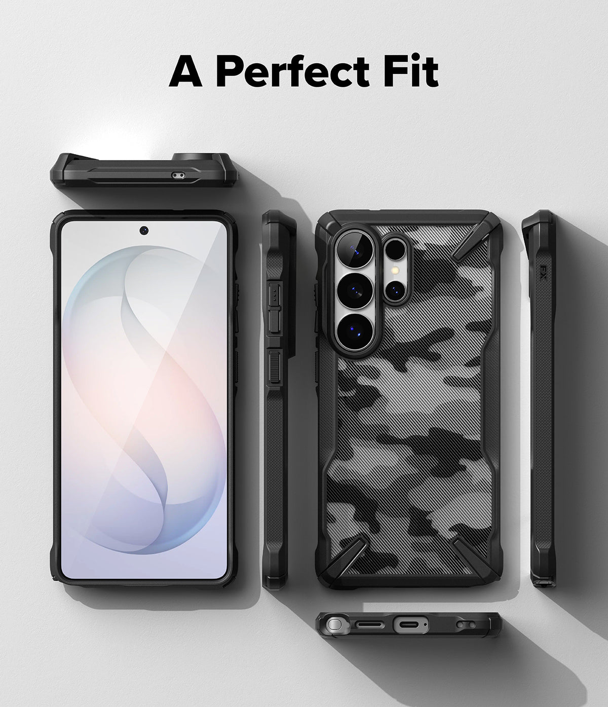 Galaxy S26 Ultra Case | Fusion-X - Exploded view of a Galaxy S26 Ultra with a black camouflage Fusion-X case from multiple angles.