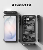 Galaxy S26 Ultra Case | Fusion-X - Exploded view of a Galaxy S26 Ultra with a black camouflage Fusion-X case from multiple angles.