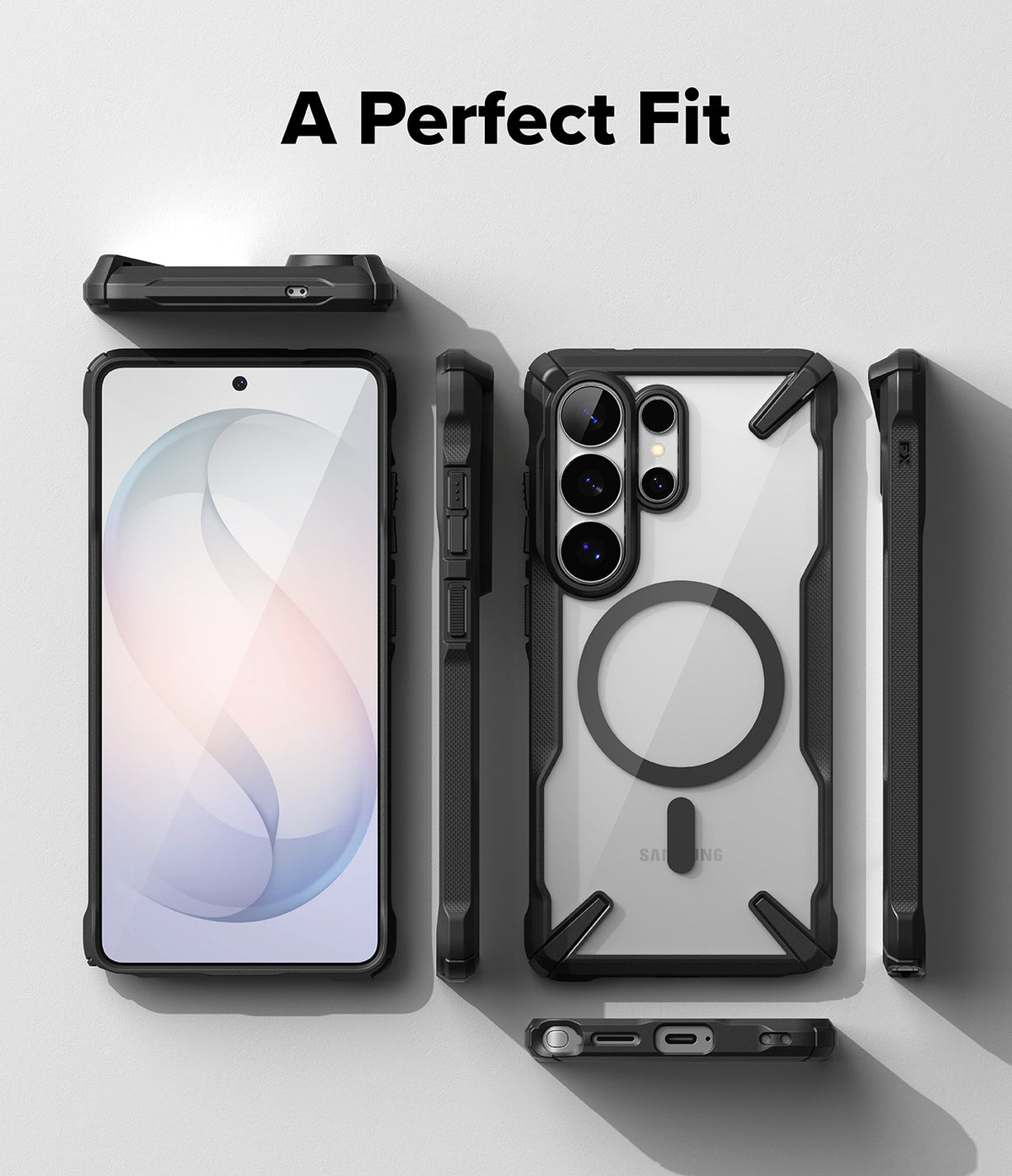 Galaxy S26 Ultra Case | Fusion-X Magnetic - Multiple views of a black protective phone case with a magnetic ring.