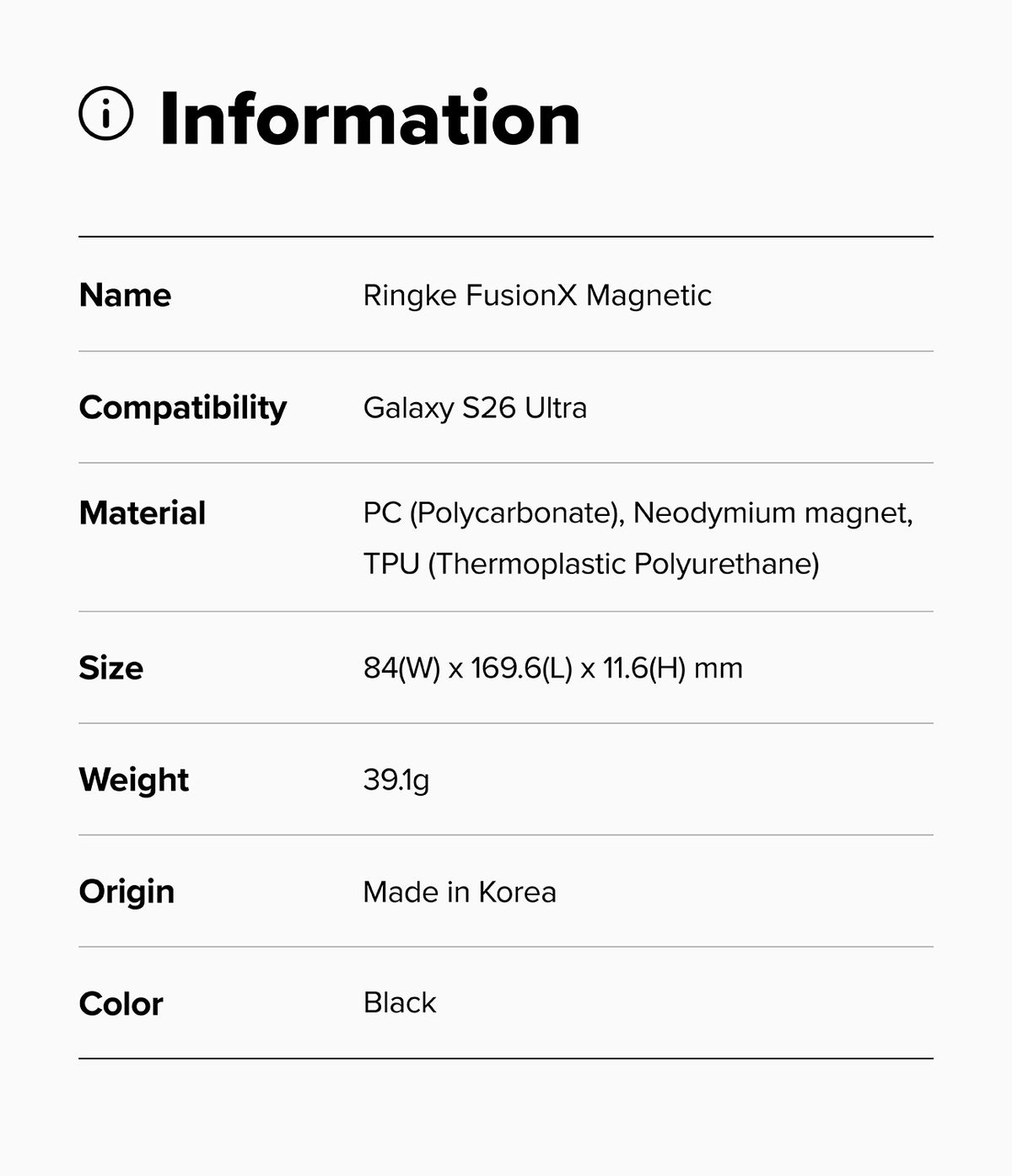 Galaxy S26 Ultra Case | Fusion-X Magnetic - Information table listing product name, compatibility, materials, size, weight, origin, and color.