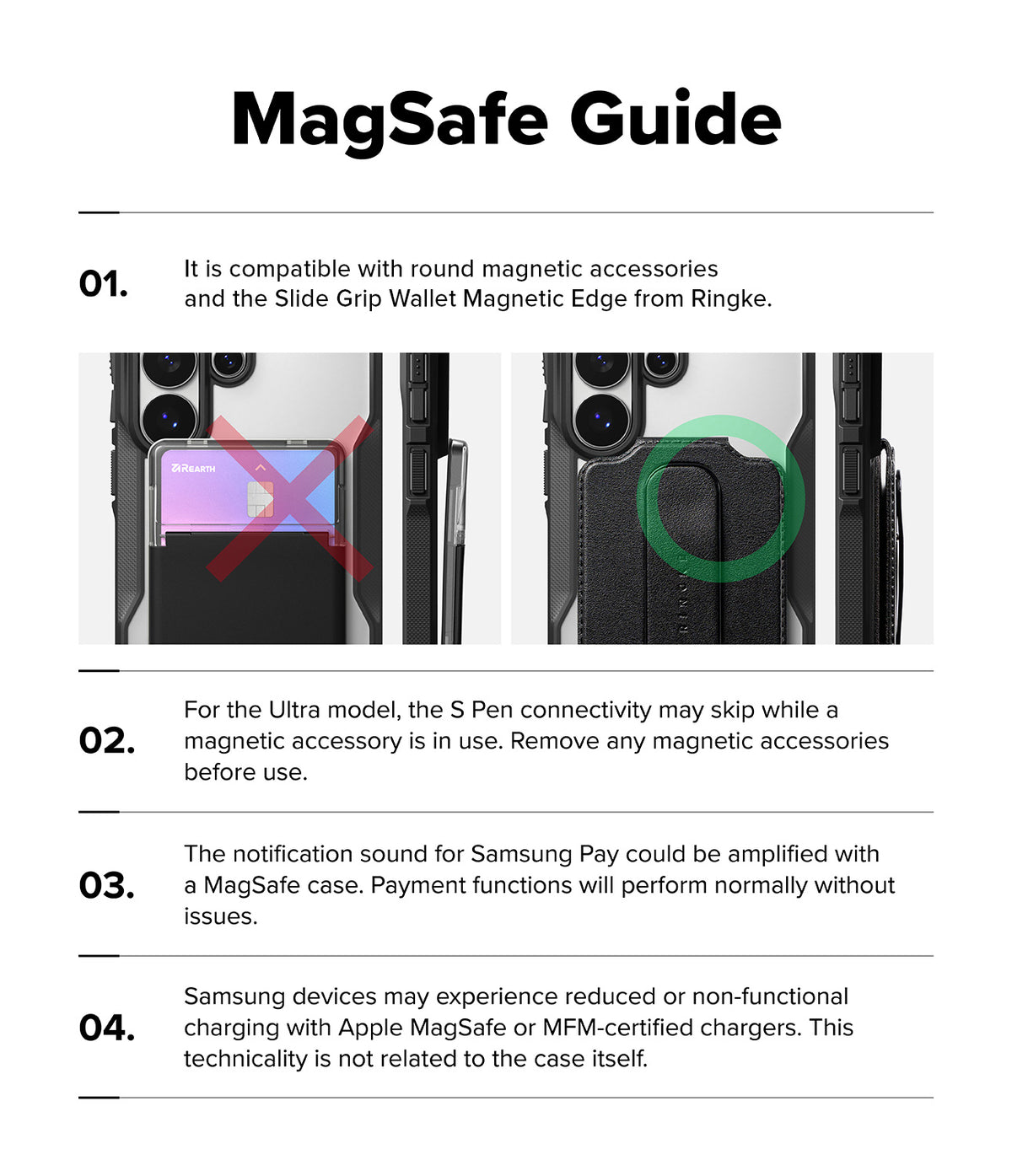 Galaxy S26 Ultra Case | Fusion-X Magnetic - Infographic showing MagSafe compatibility, S Pen interference, and charging notes.
