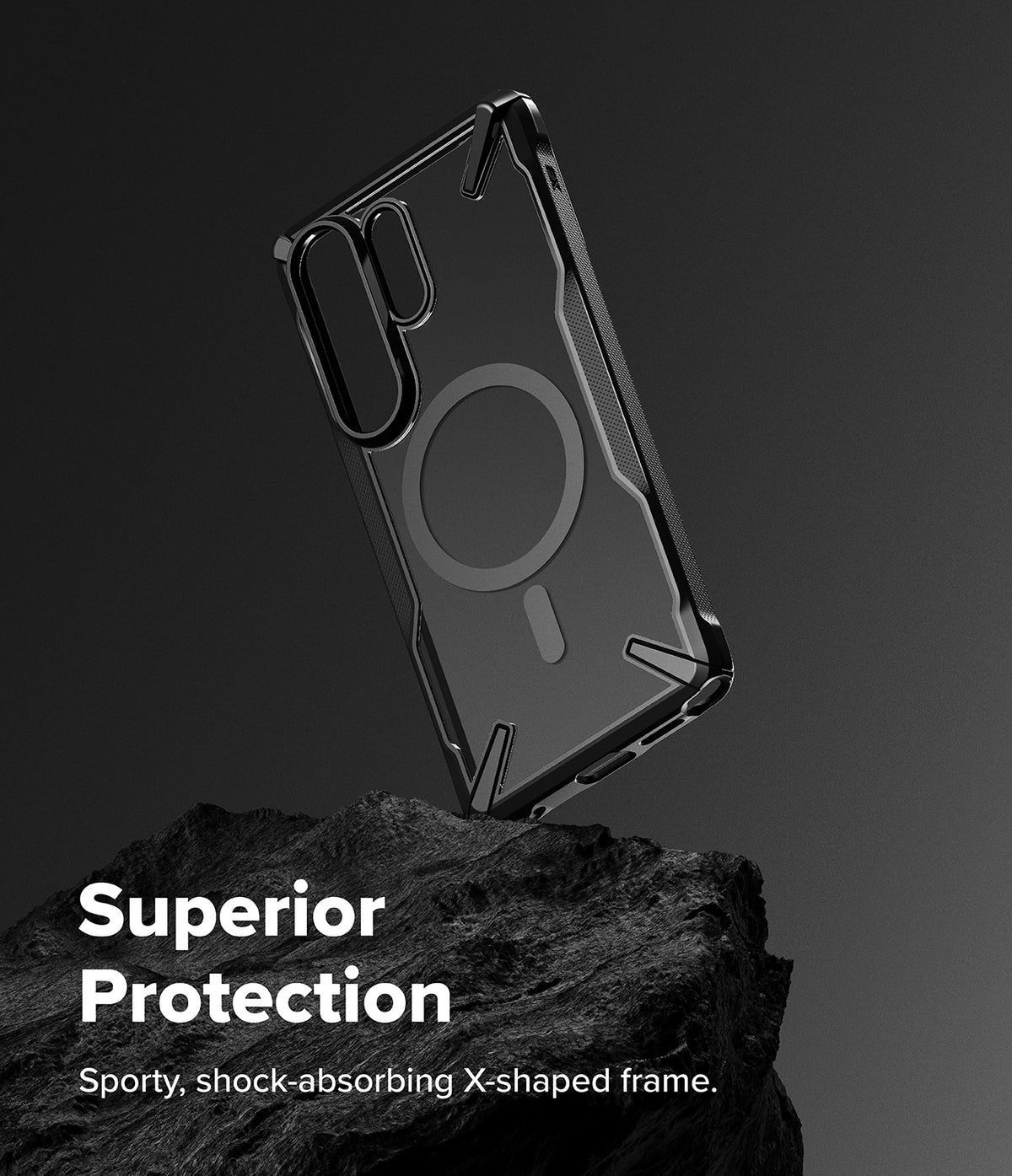 [Bundle] Galaxy S26 Ultra | Fusion-X Magnetic - Clear phone case with magnetic ring on a dark rock against black background.