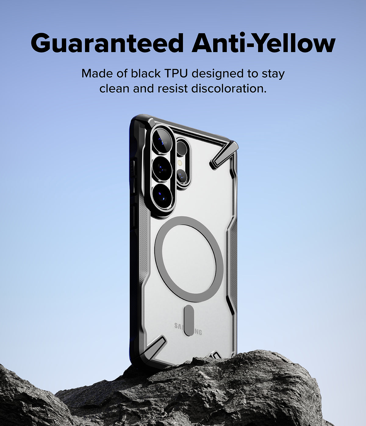 Galaxy S26 Ultra Case | Fusion-X Magnetic - Black TPU phone case with magnetic ring on a rock against a blue sky.