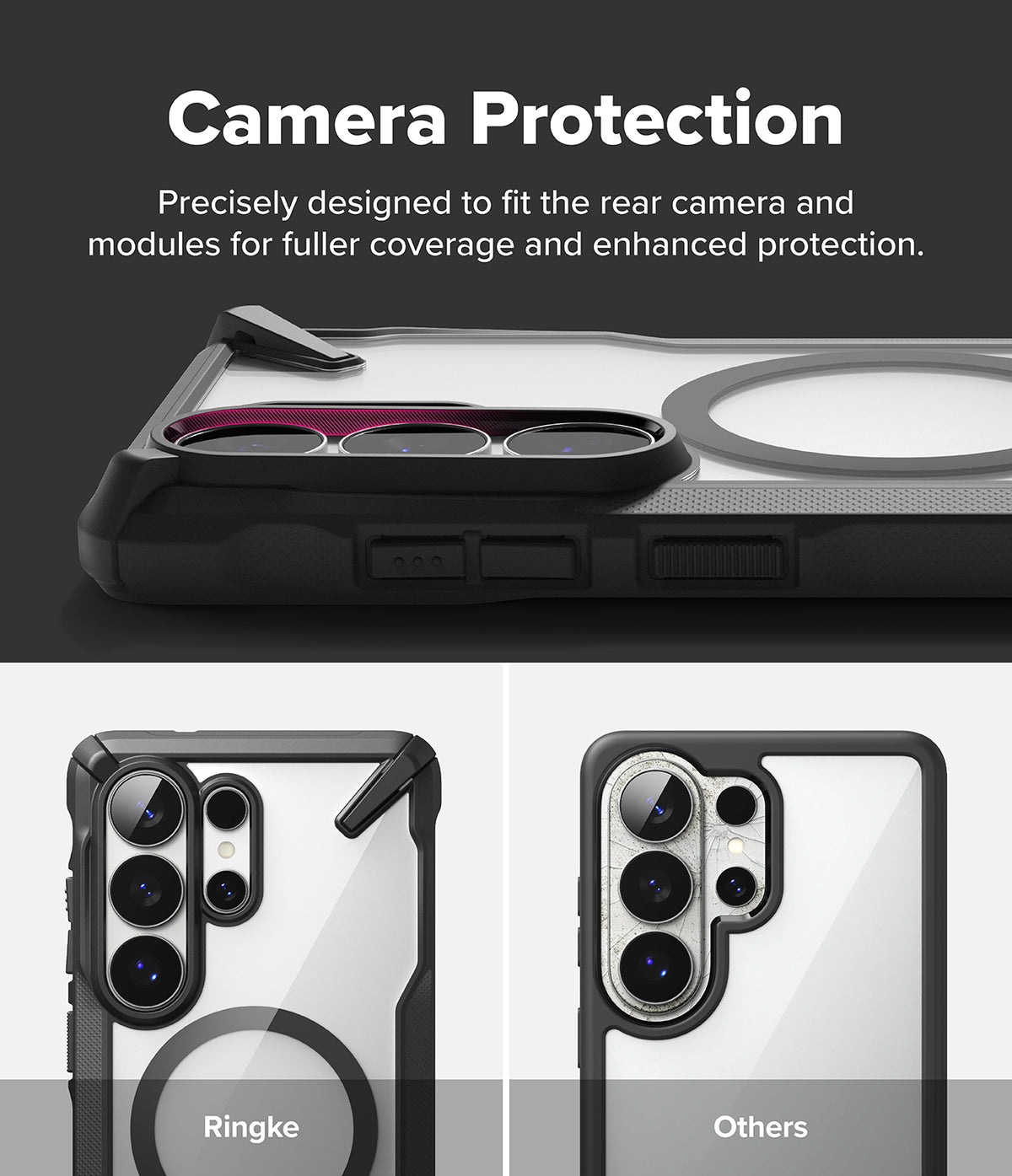 Galaxy S26 Ultra Case | Fusion-X Magnetic - Comparison showing Ringke case camera coverage versus a standard case.