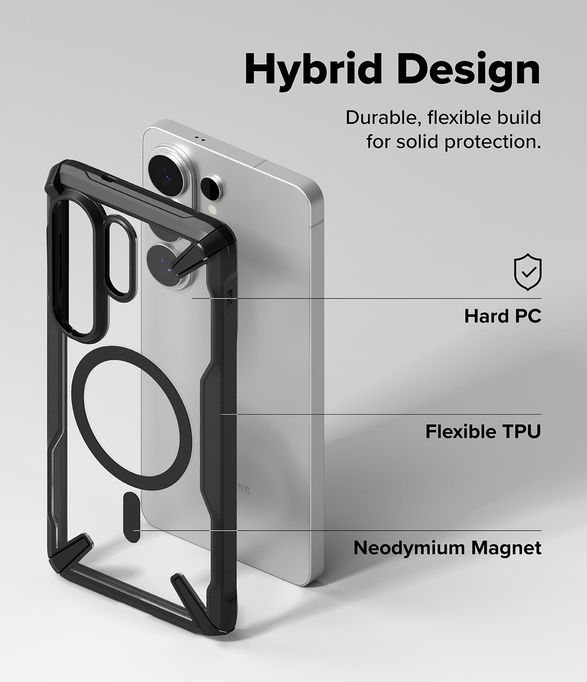 Galaxy S26 Ultra Case | Fusion-X Magnetic - Diagram showing hard PC, flexible TPU, and magnetic ring on a phone case.