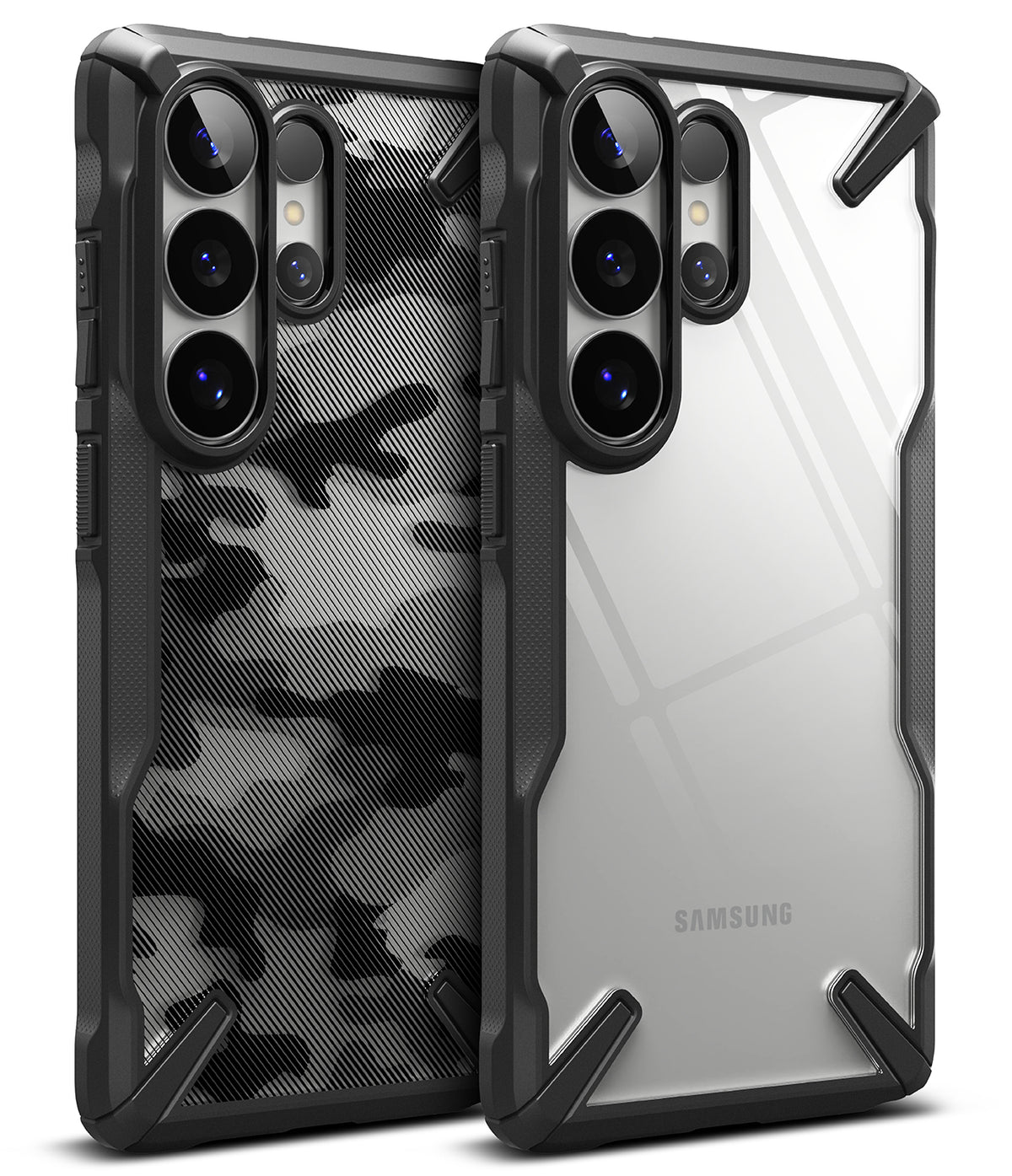 Galaxy S26 Ultra Case | Fusion-X - Two rugged phone cases, one with a black camo pattern and one clear, showing camera cutouts.
