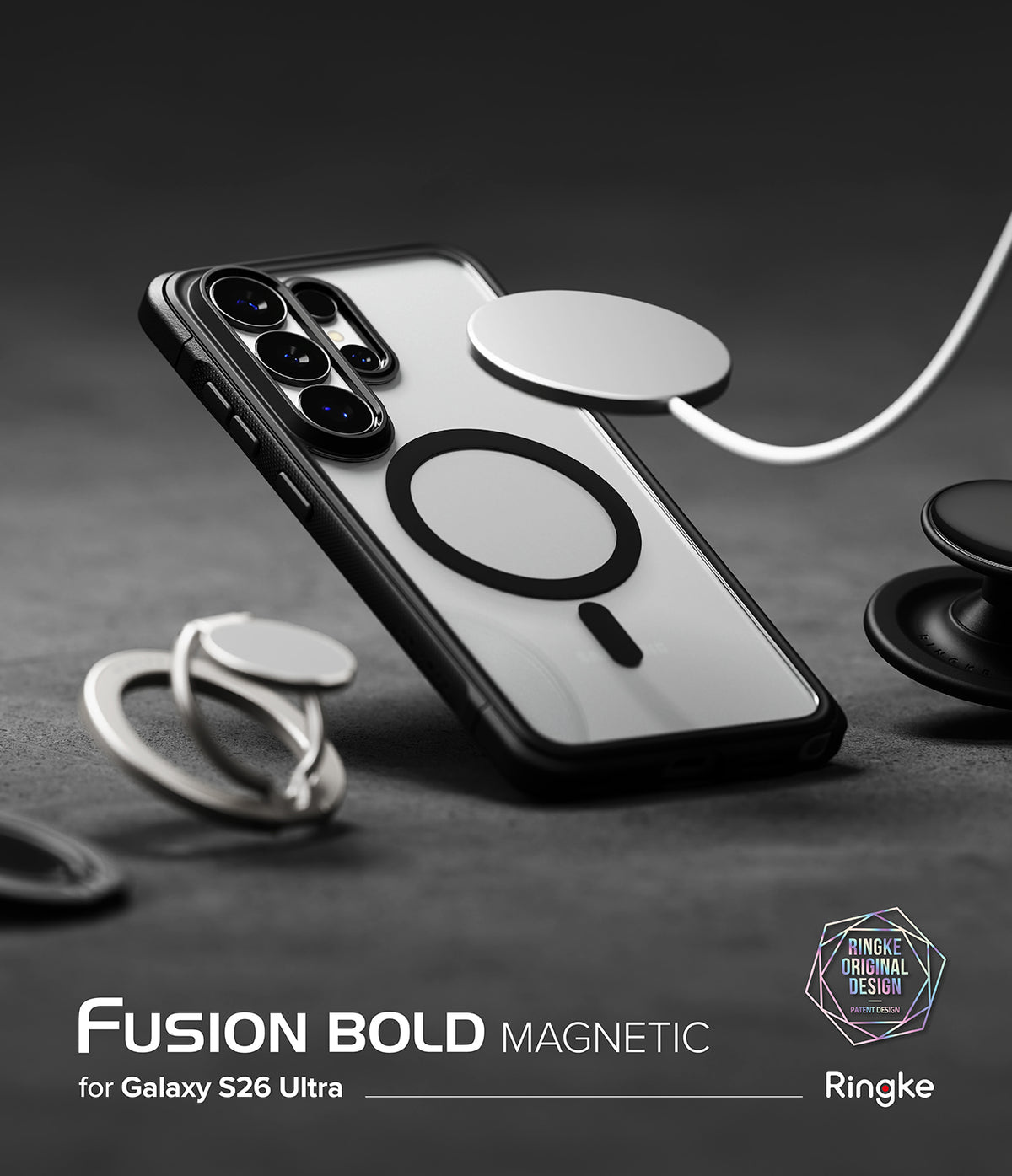 [Bundle] Galaxy S26 Ultra | Fusion Bold Magnetic - Galaxy S26 Ultra | Fusion Bold Magnetic - Galaxy S26 Ultra in a magnetic clear case with a wireless charger attachment.