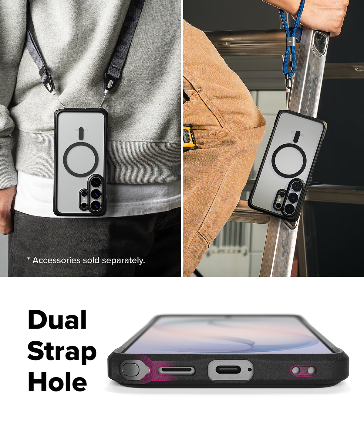 Galaxy S26 Ultra Case | Fusion Bold Magnetic - Phone case with dual strap holes worn around neck and on a ladder.
