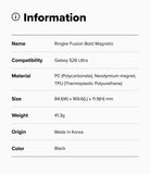 Galaxy S26 Ultra Case | Fusion Bold Magnetic - Information table listing product name, compatibility, material, size, weight, origin, and color.