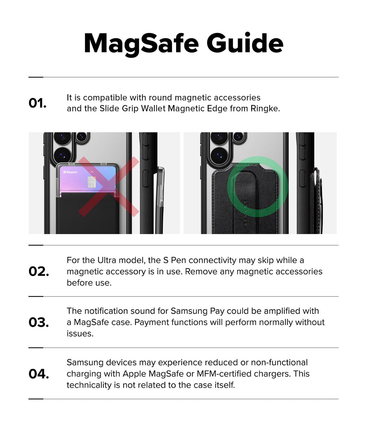 Galaxy S26 Ultra Case | Fusion Bold Magnetic - Infographic showing MagSafe compatibility, S Pen, and charging tips.
