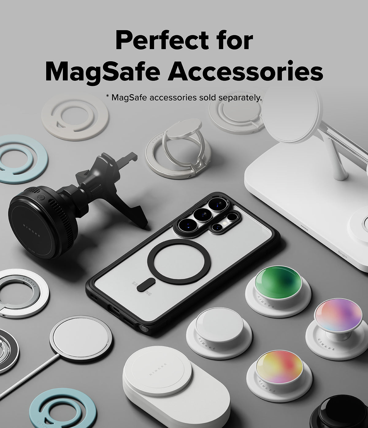[Bundle] Galaxy S26 Ultra | Fusion Bold Magnetic - Galaxy S26 Ultra case surrounded by various MagSafe chargers, rings, and colorful phone grips.