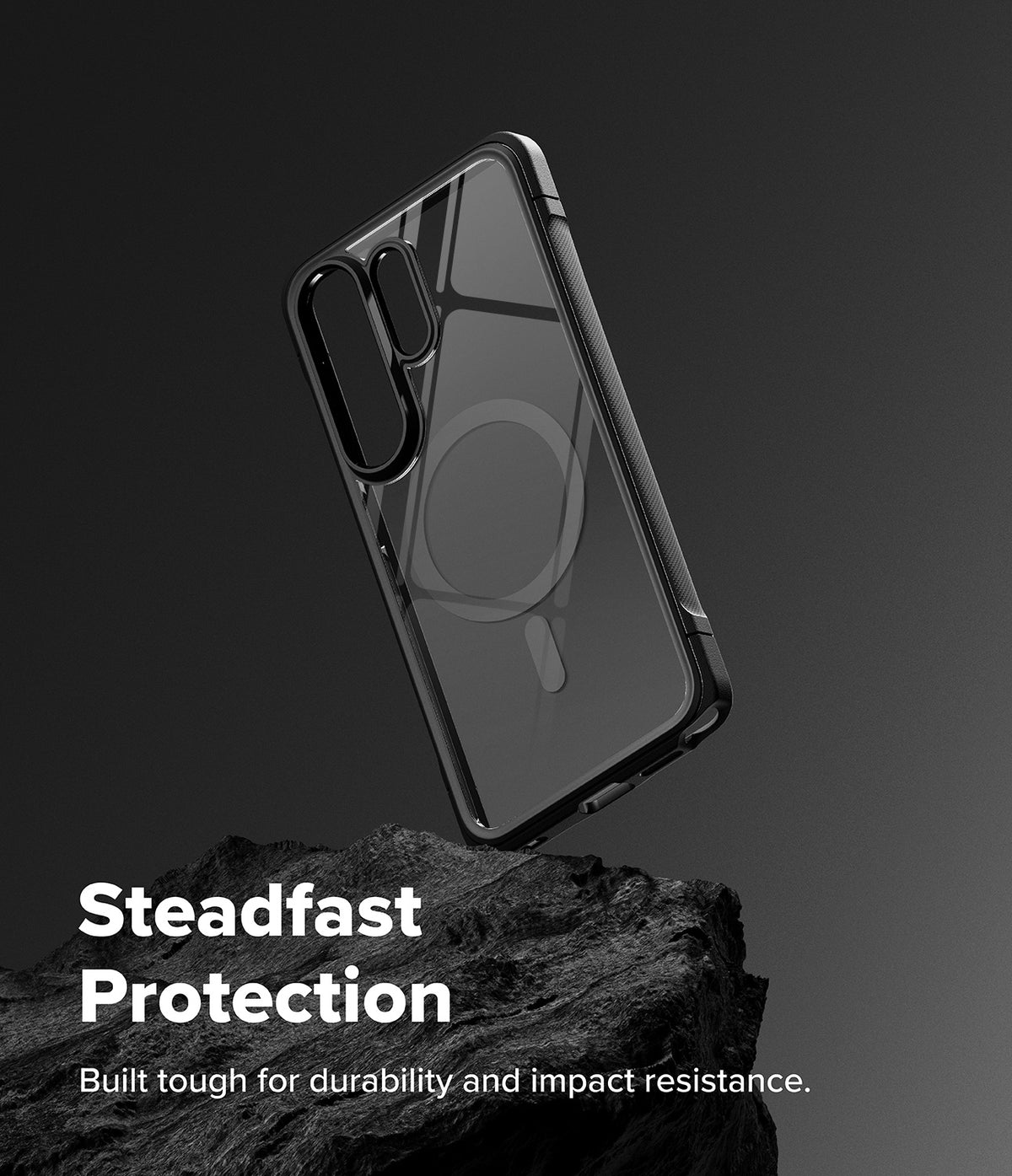 [Bundle] Galaxy S26 Ultra | Fusion Bold Magnetic - Galaxy S26 Ultra | Fusion Bold Magnetic - Clear magnetic phone case resting on a jagged rock against a dark background.