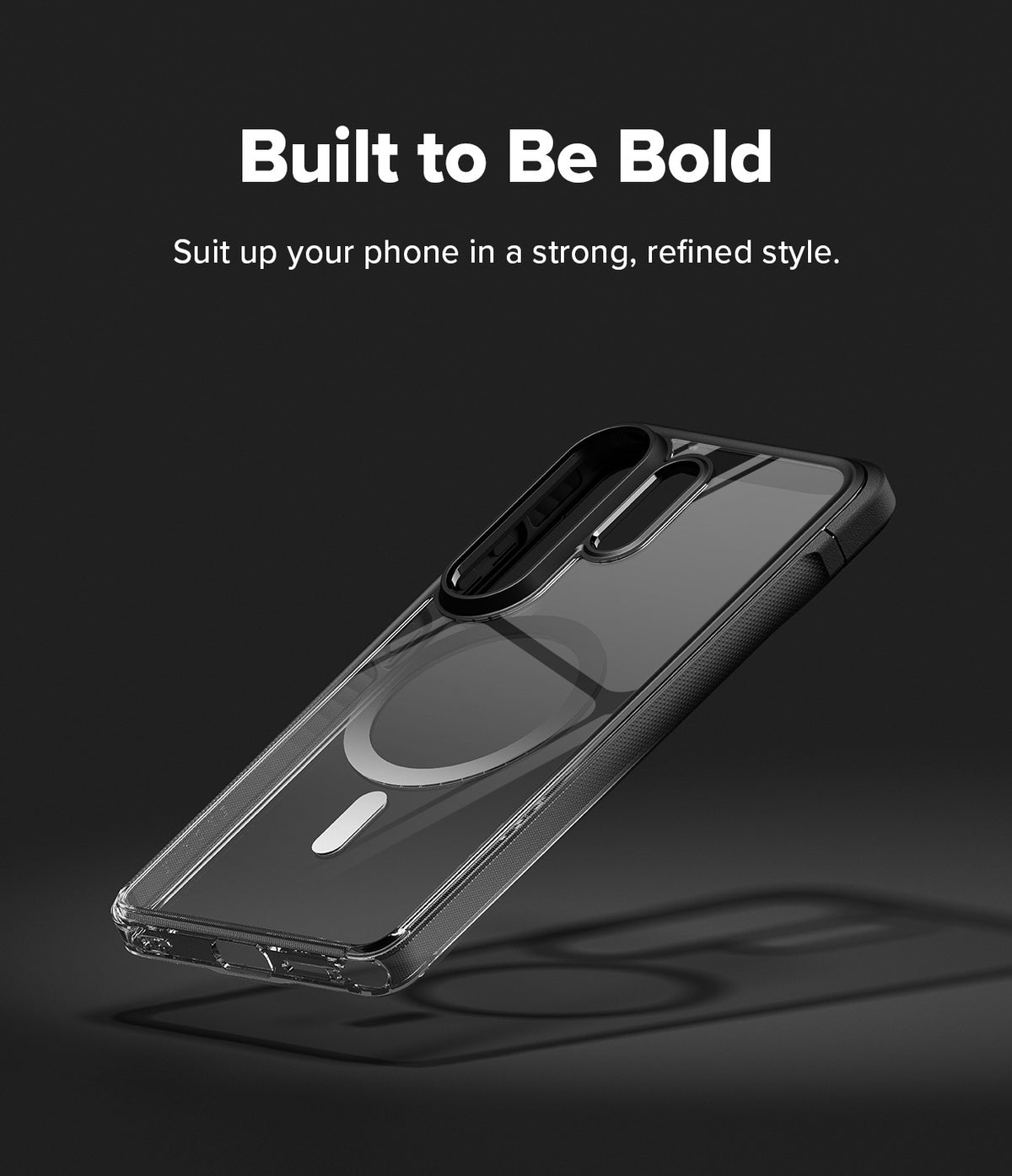 Galaxy S26 Ultra Case | Fusion Bold Magnetic - Clear phone case with black frame and magnetic ring on dark background.