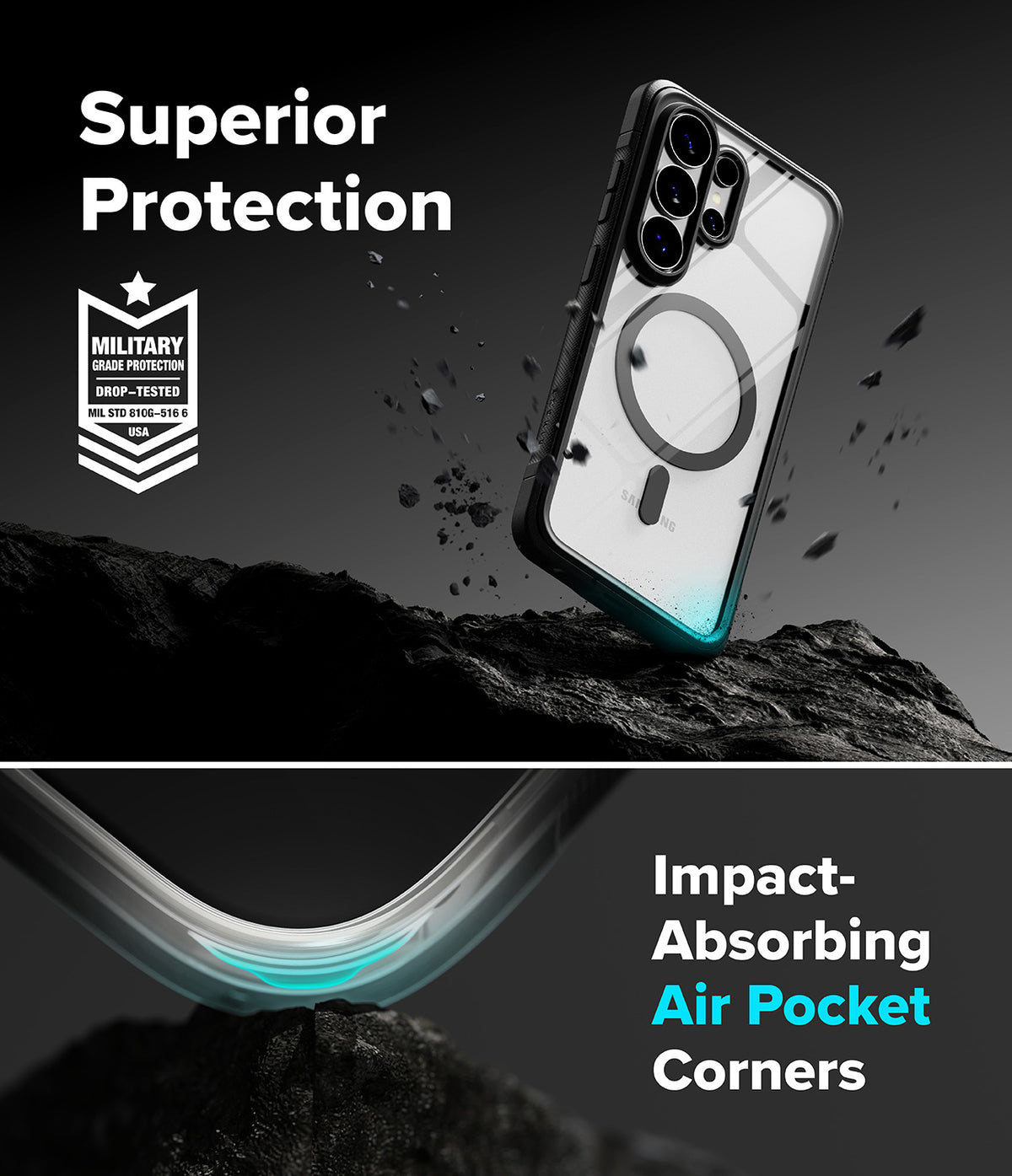 Galaxy S26 Ultra Case | Fusion Bold Magnetic - Phone case with magnetic ring and air pocket corners on rocky terrain.