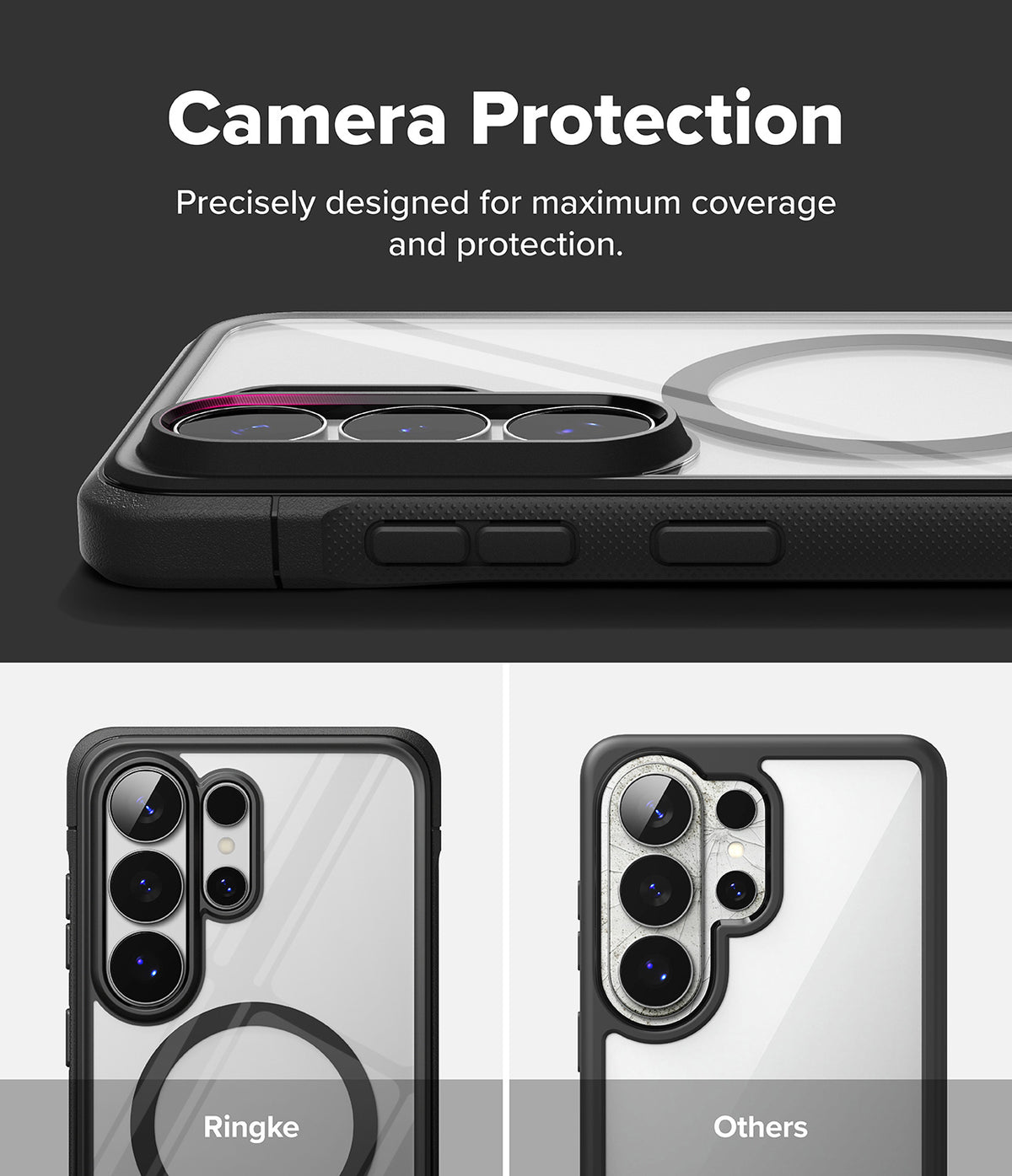 Galaxy S26 Ultra Case | Fusion Bold Magnetic - Comparison showing Ringke's protective camera bezel versus a standard case.