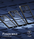 Galaxy S26 Ultra Case | Fusion Bold - Three transparent phone cases with black frames arranged on a blue grid background.
