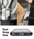 Galaxy S26 Ultra Case | Fusion Bold - Phone worn with straps and close-up of the dual strap hole feature on the case.
