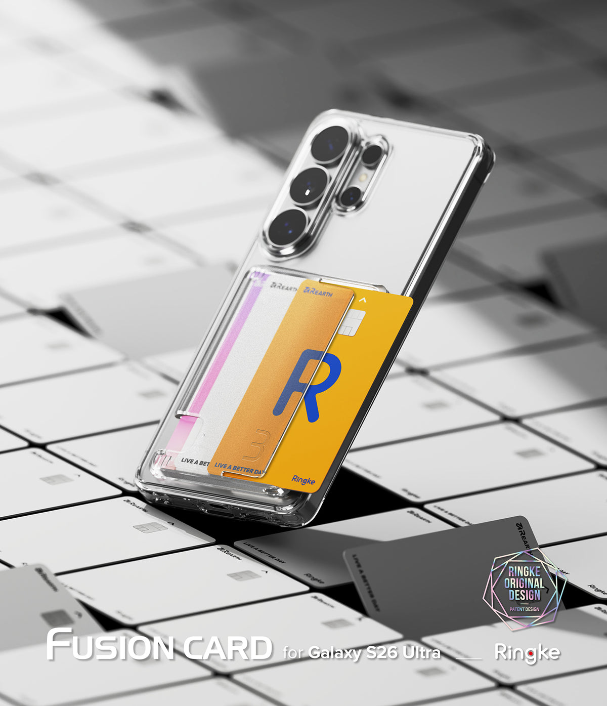 Galaxy S26 Ultra Case | Fusion Card - Clear phone case with a yellow card holder on the back, resting on a grid of cards.
