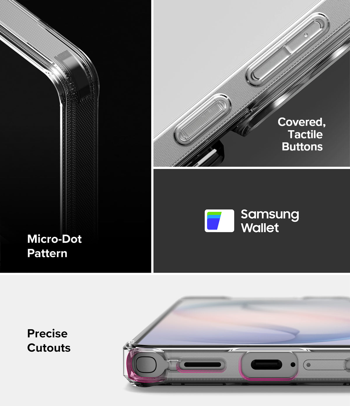 Galaxy S26 Ultra Case | Fusion Card - Close-ups showing micro-dot pattern, tactile buttons, Samsung Wallet support, and precise cutouts.