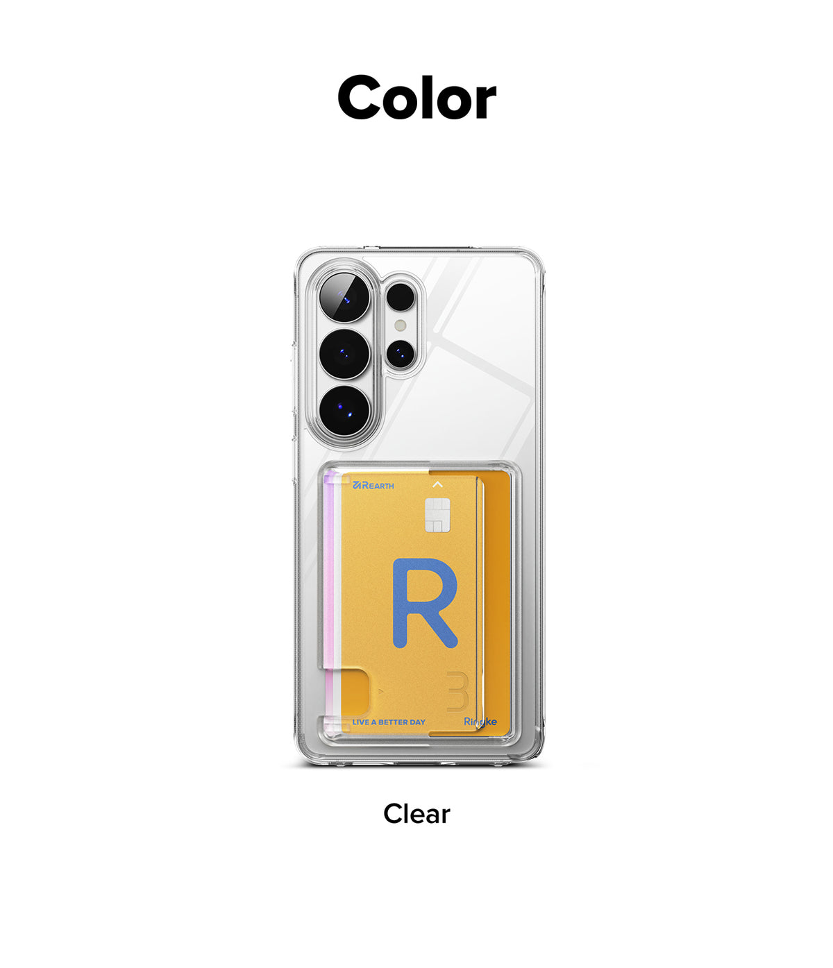 Galaxy S26 Ultra Case | Fusion Card - Clear phone case with a yellow card holder containing a card with a blue R.