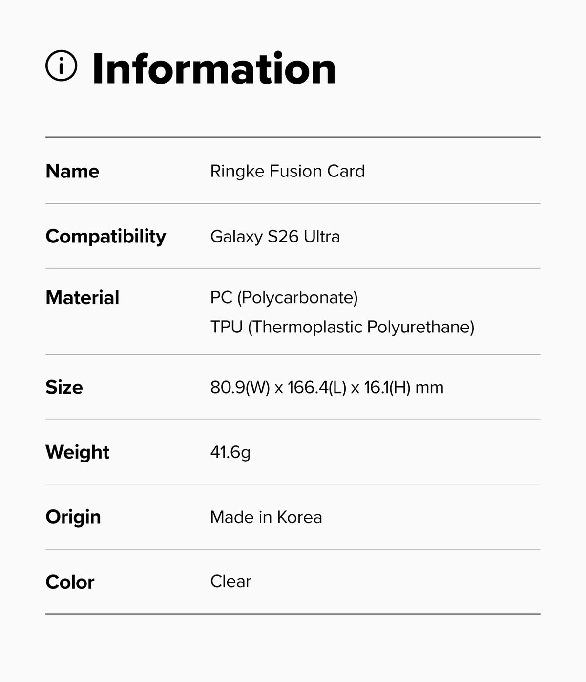 Galaxy S26 Ultra Case | Fusion Card - Information table listing product name, compatibility, materials, size, weight, and color.