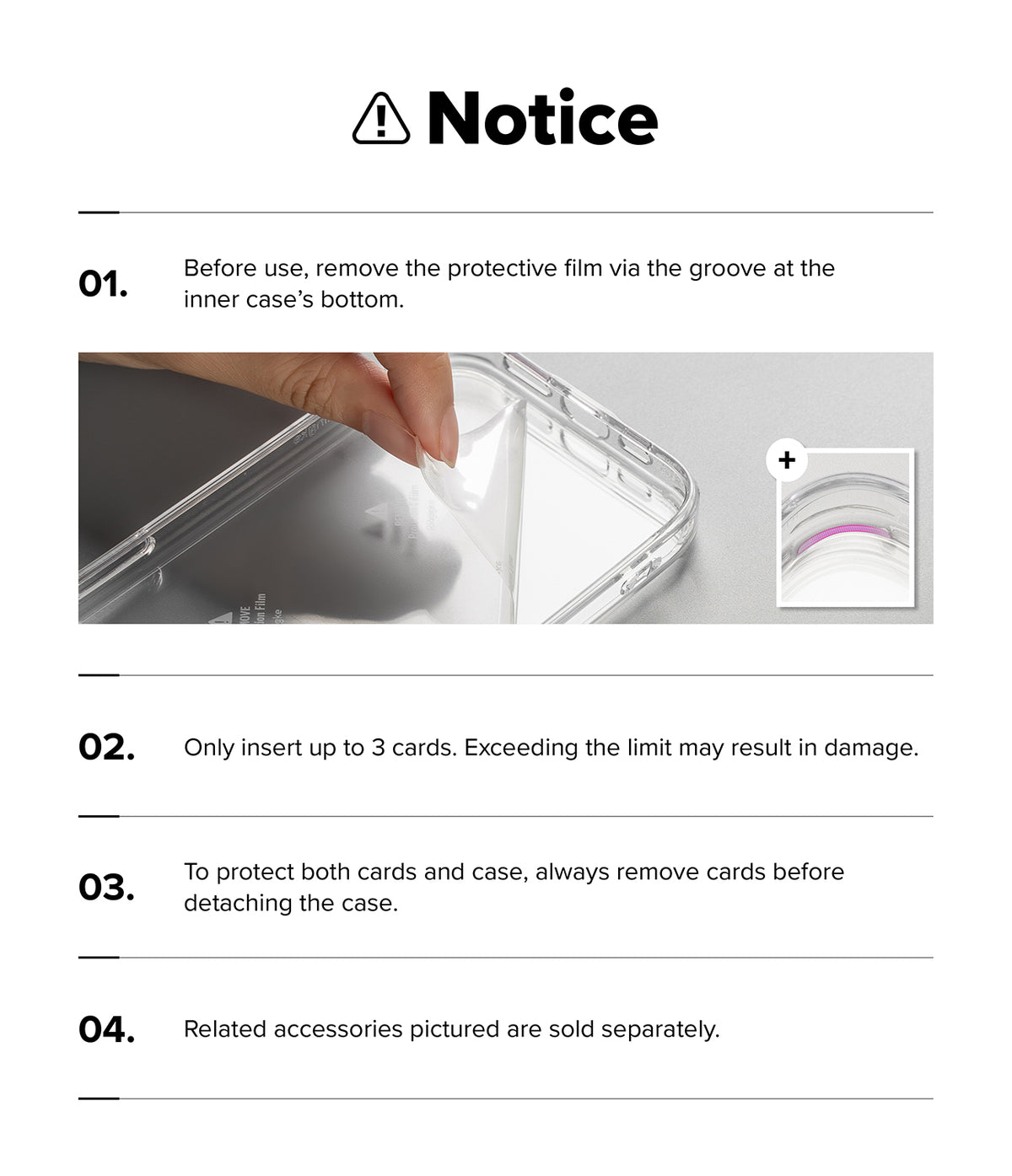 Galaxy S26 Ultra Case | Fusion Card - Instructions for removing protective film and card usage limits for the case.