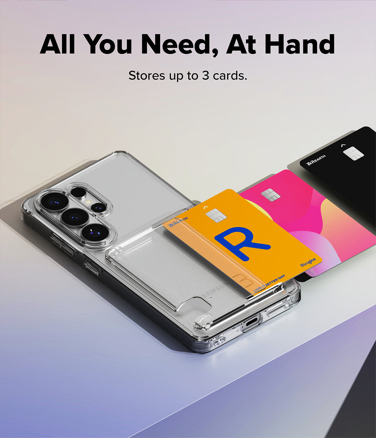 Galaxy S26 Ultra Case | Fusion Card - Clear phone case with a built-in card slot holding three colorful credit cards.