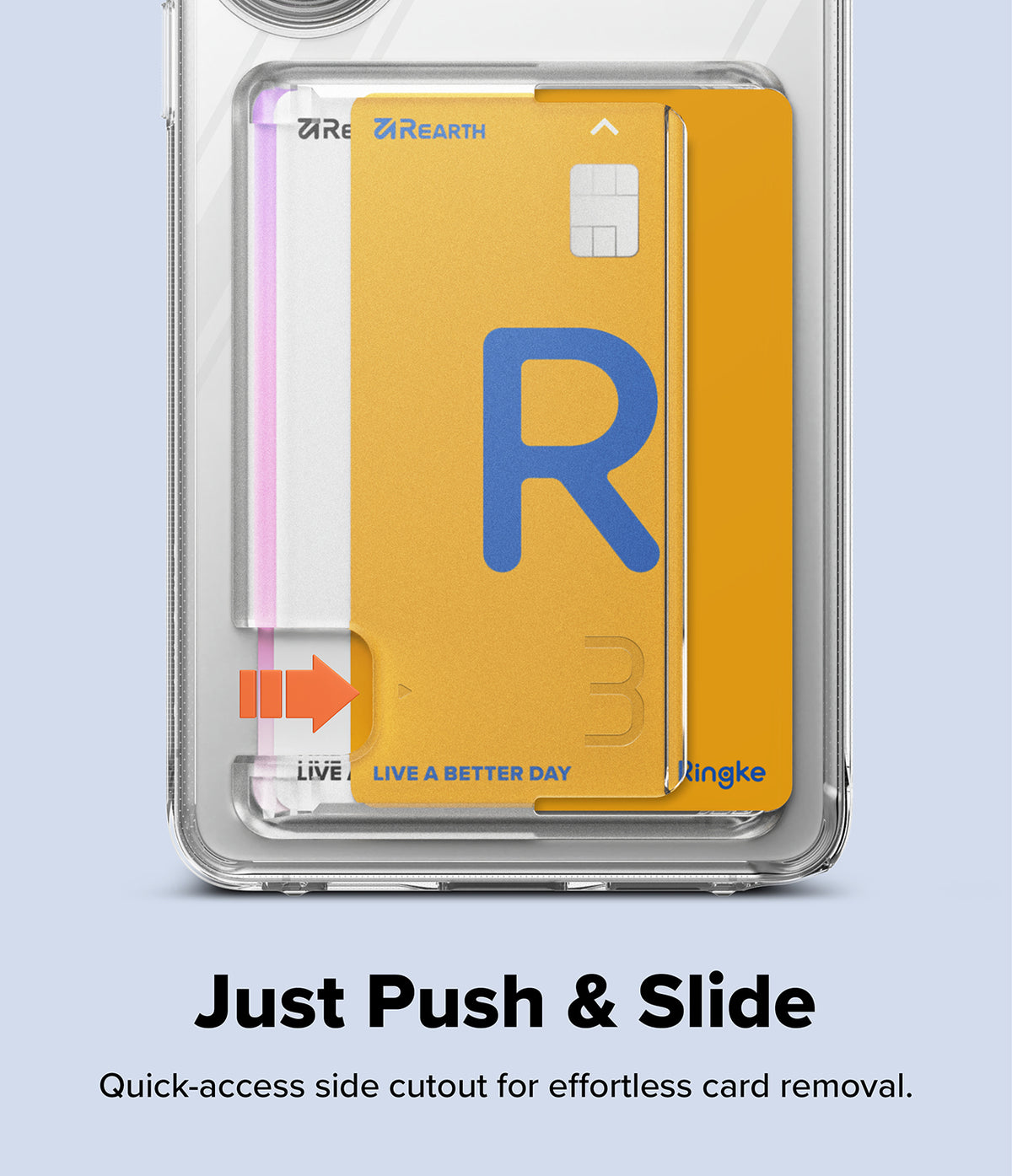 Galaxy S26 Ultra Case | Fusion Card - Clear phone case with a side cutout for easy card removal, shown with an orange arrow.