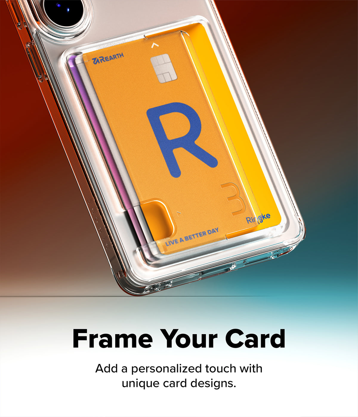Galaxy S26 Ultra Case | Fusion Card - Clear phone case holding a yellow card with a large blue R logo inside a slot.