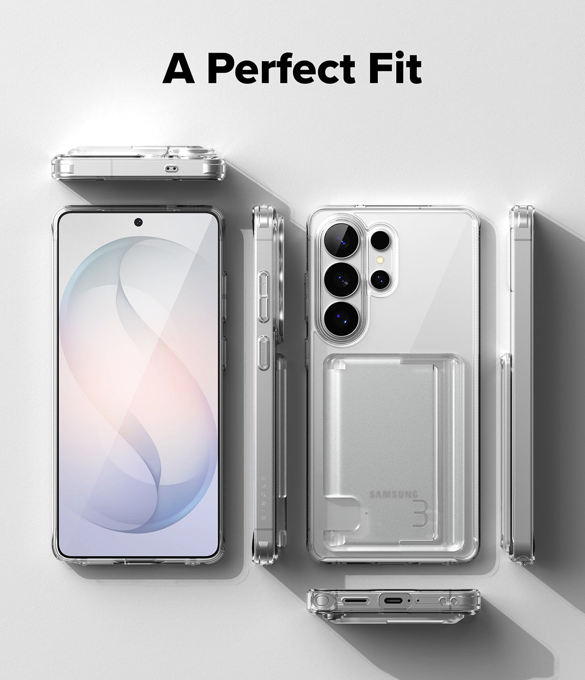 Galaxy S26 Ultra Case | Fusion Card - Clear phone case with card slot shown from front, back, and side angles.