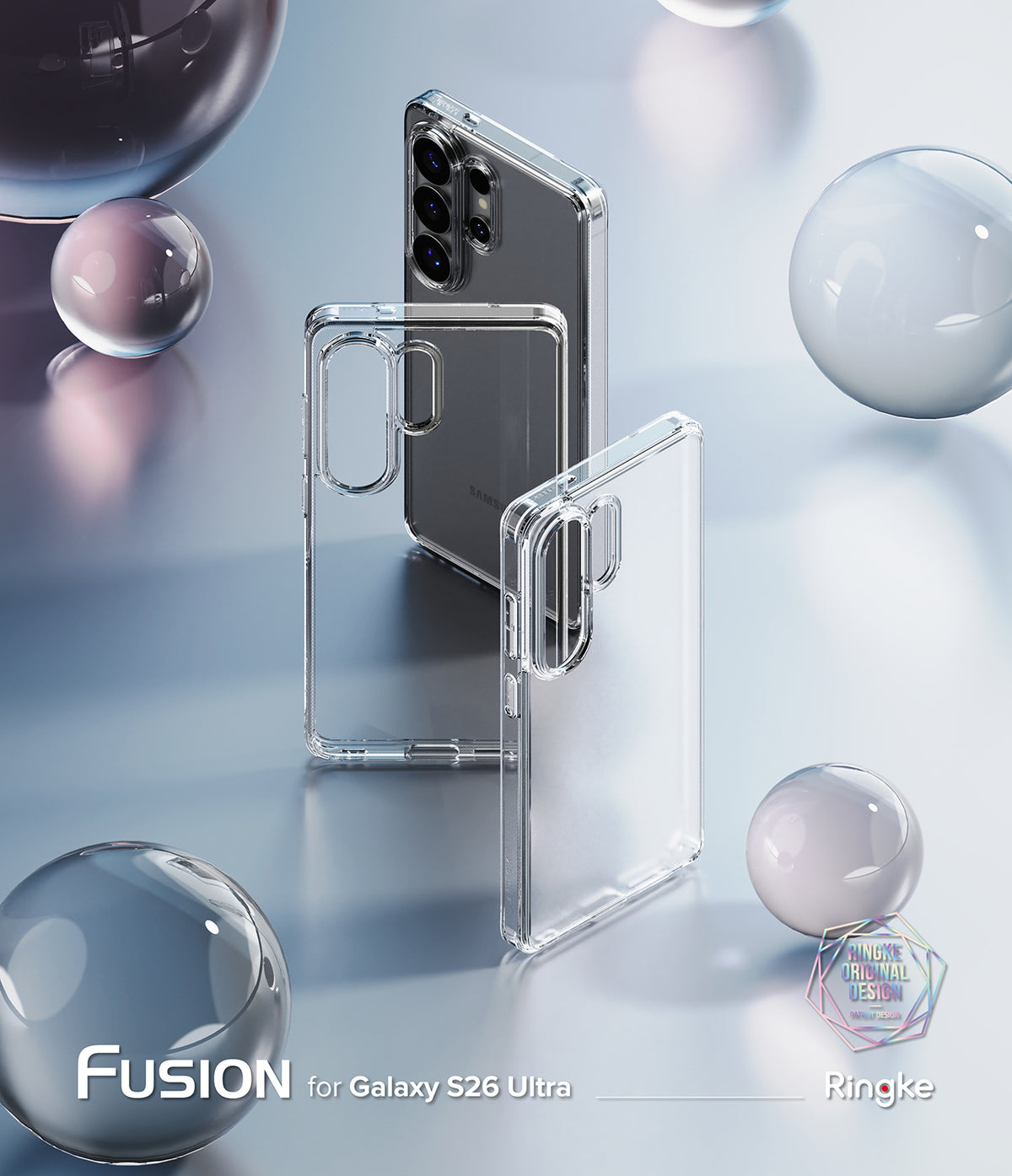 [Bundle] Galaxy S26 Ultra | Fusion - Two clear phone cases standing upright with a Galaxy S26 Ultra phone on a reflective surface.