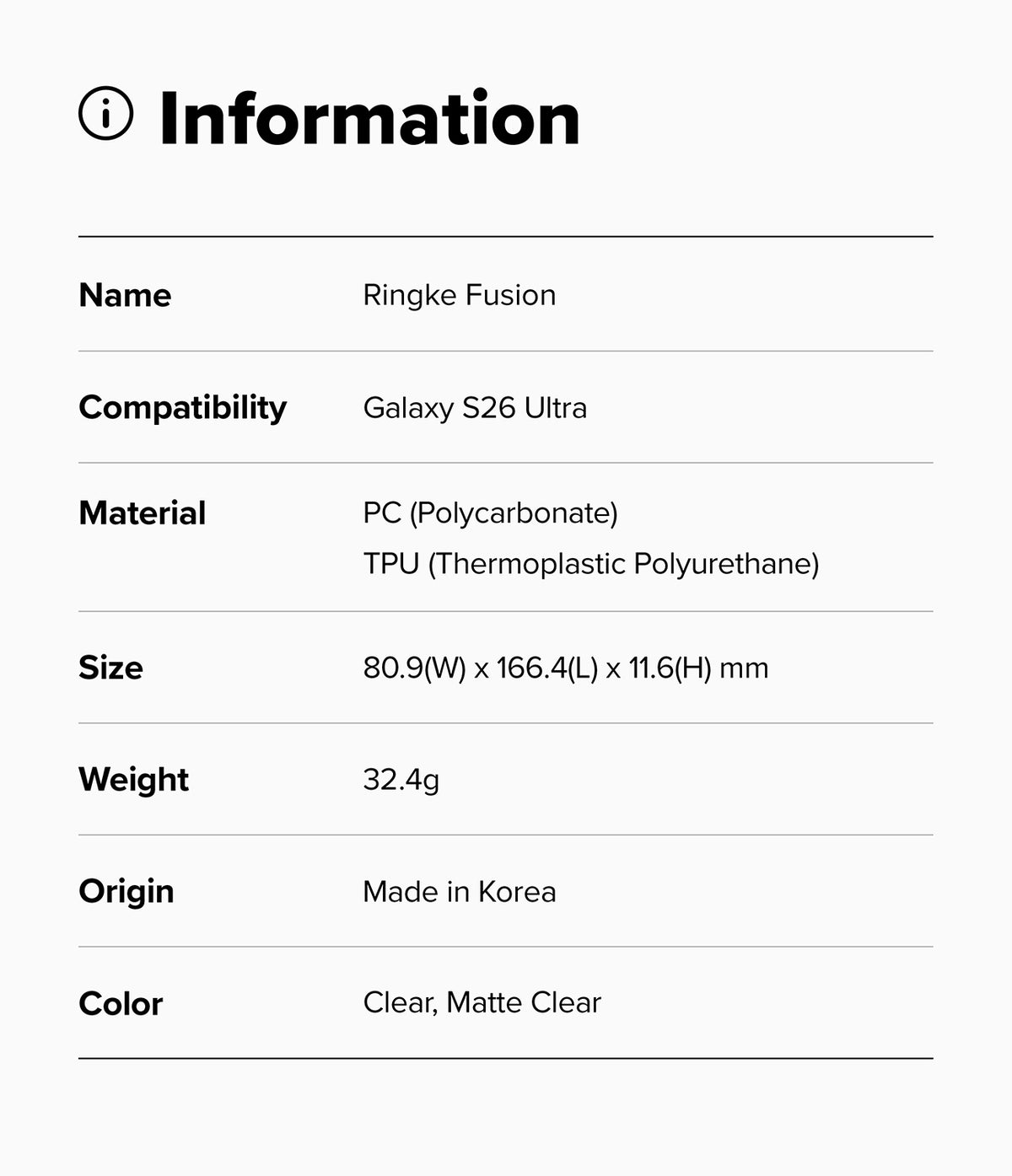 Galaxy S26 Ultra Case | Fusion - Information table listing product specs for Ringke Fusion case for Galaxy S26 Ultra.