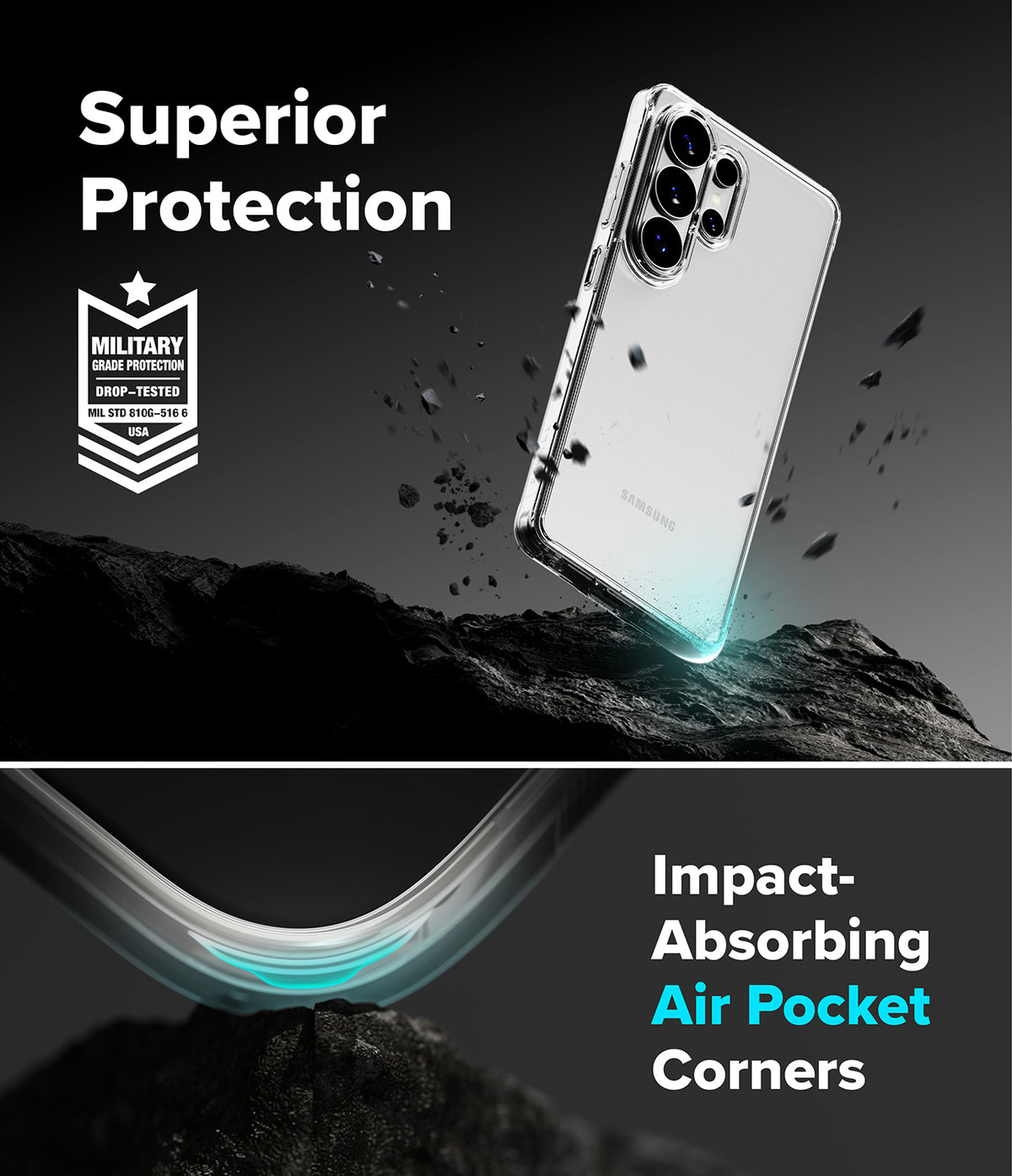 [Bundle] Galaxy S26 Ultra | Fusion - Clear phone case with air-pocket corners and military-grade drop protection over rocky terrain.