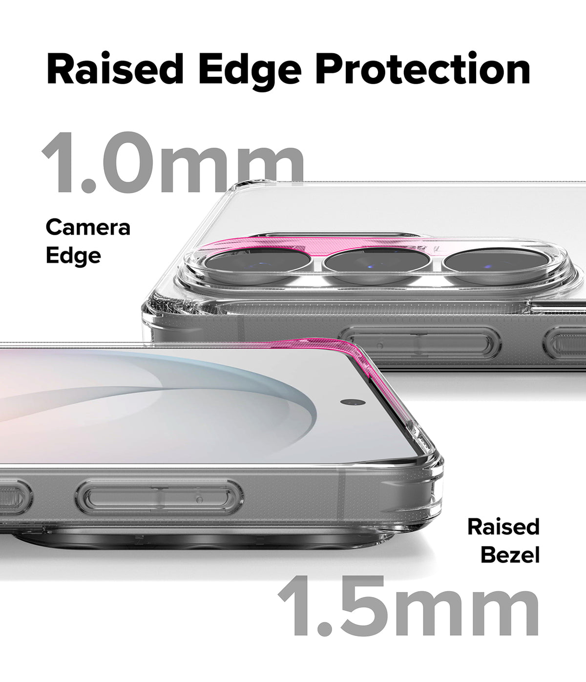 Galaxy S26 Ultra Case | Fusion - Clear phone case showing 1.0mm raised camera edge and 1.5mm raised screen bezel protection.