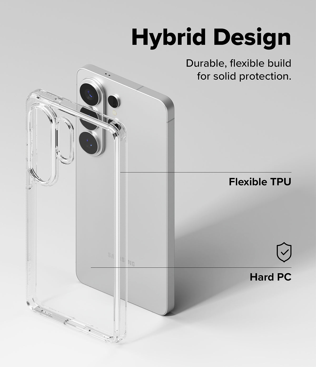 Galaxy S26 Ultra Case | Fusion - Clear hybrid phone case showing flexible TPU sides and hard PC back panel construction.