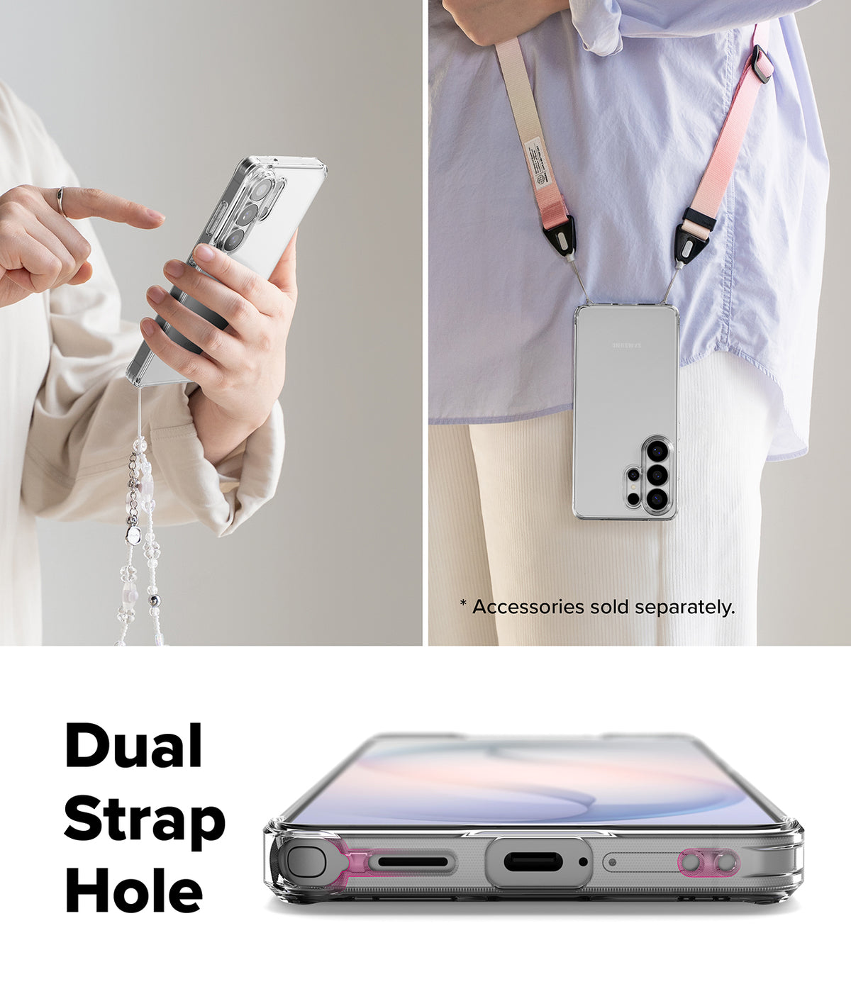 Galaxy S26 Ultra Case | Fusion - Clear case with dual strap holes, shown worn with a lanyard and held in hand.