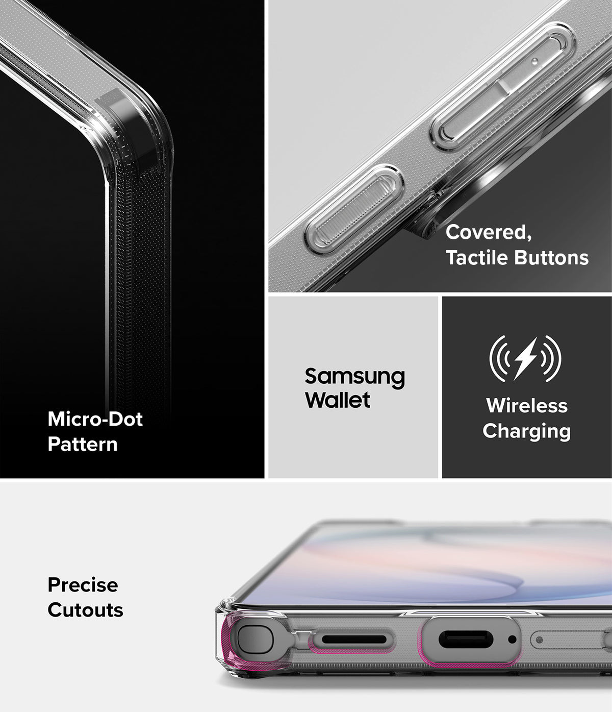 Galaxy S26 Ultra Case | Fusion - Close-up of clear phone case features: micro-dot pattern, tactile buttons, and precise cutouts.