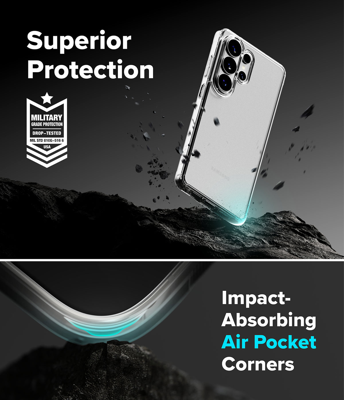 [Bundle] Galaxy S26 Ultra | Fusion - Clear phone case on rocky terrain with military-grade badge and air-cushioned corner detail.