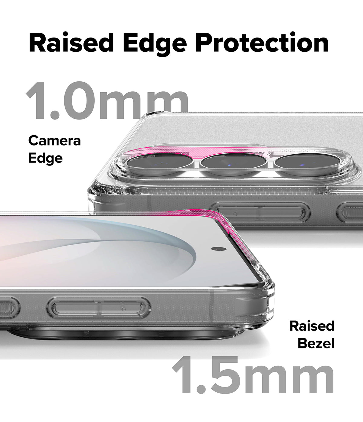 Galaxy S26 Ultra Case | Fusion Matte - Close-up showing 1.0mm raised camera edge and 1.5mm raised screen bezel protection.