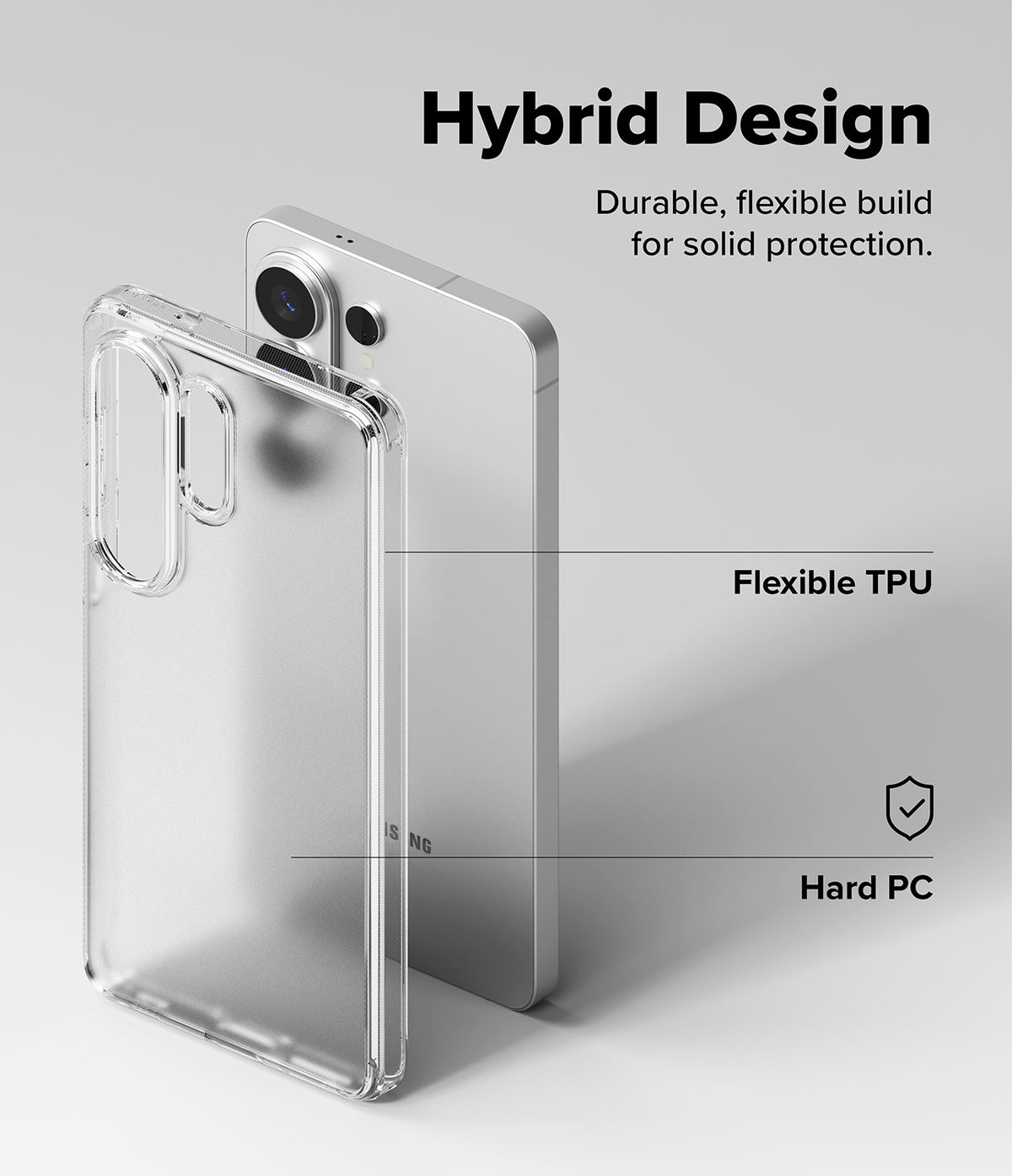 Galaxy S26 Ultra Case | Fusion Matte - Clear phone case with flexible TPU edges and hard PC back shown next to a phone.