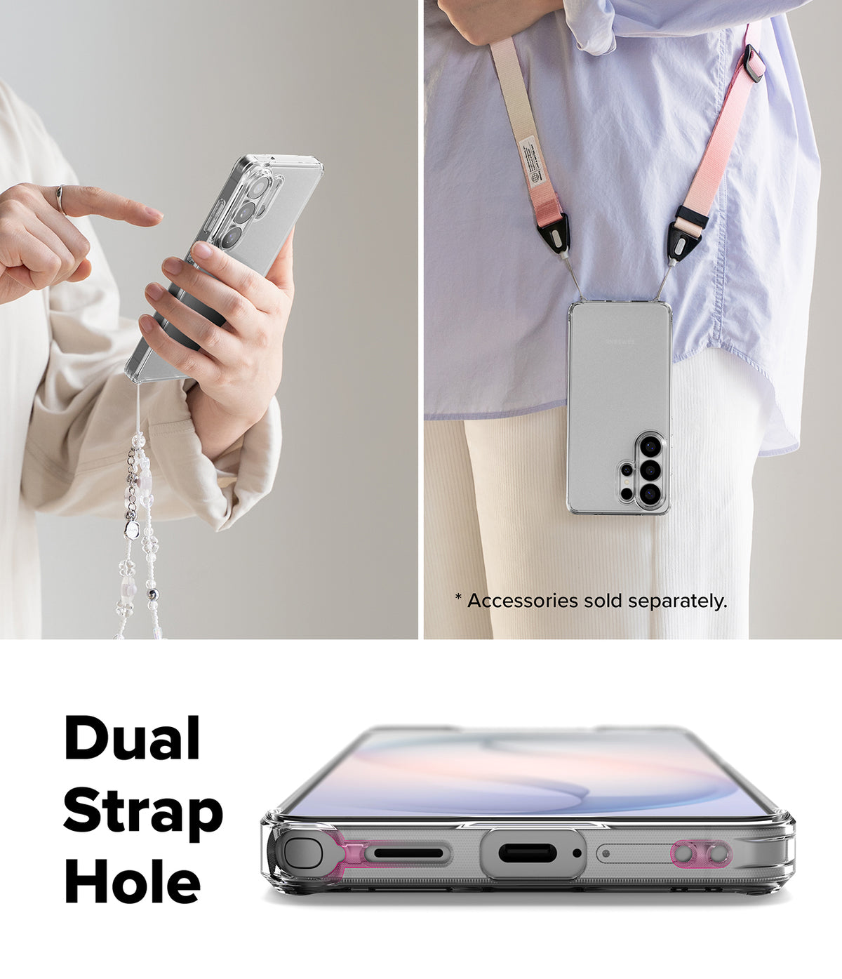 Galaxy S26 Ultra Case | Fusion Matte - Phone in a clear case with dual strap holes, shown worn with a lanyard.