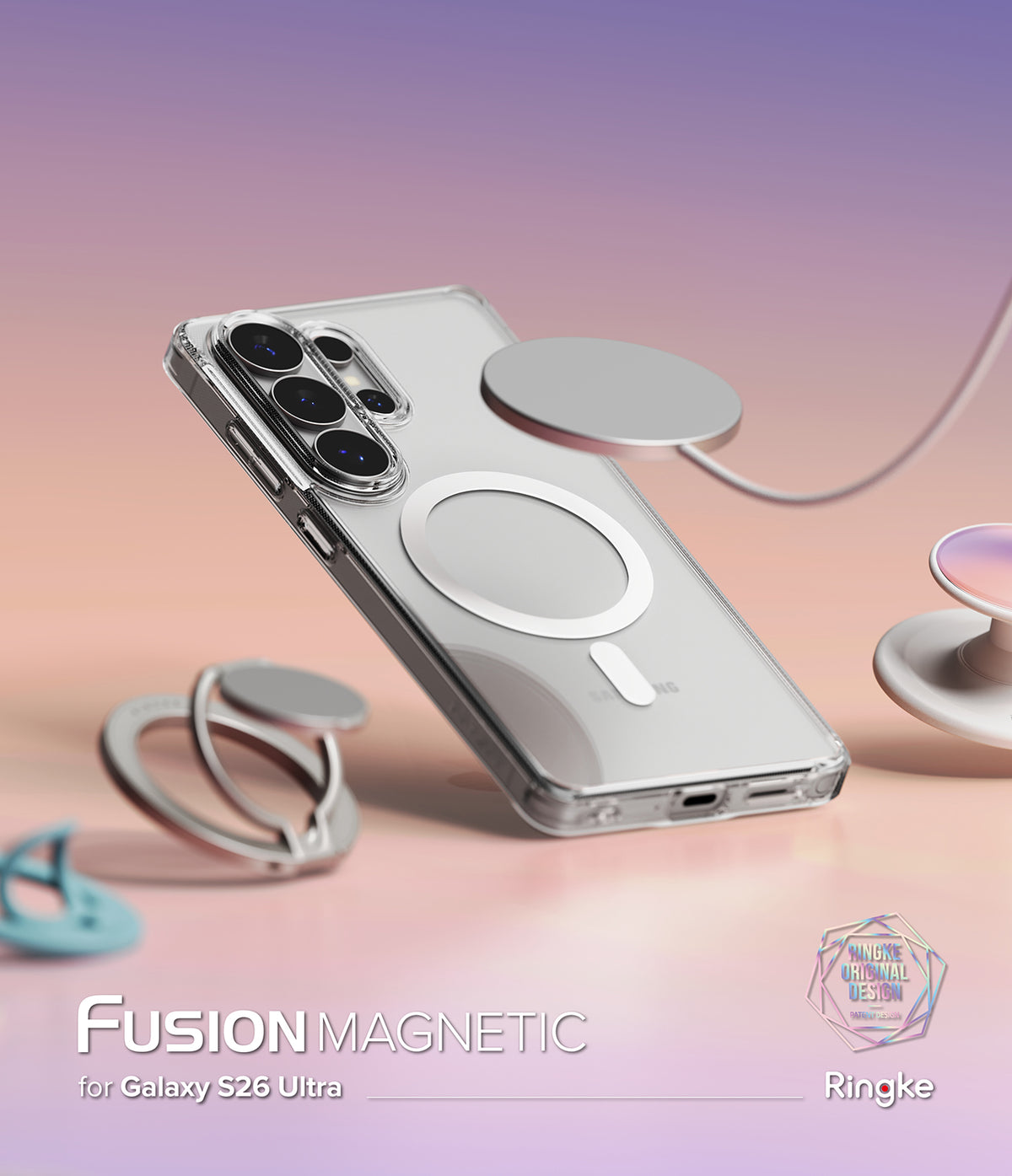 [Bundle] Galaxy S26 Ultra | Fusion Magnetic - Galaxy S26 Ultra | Fusion Magnetic - Clear phone case with magnetic ring, floating charger, and accessories on gradient.