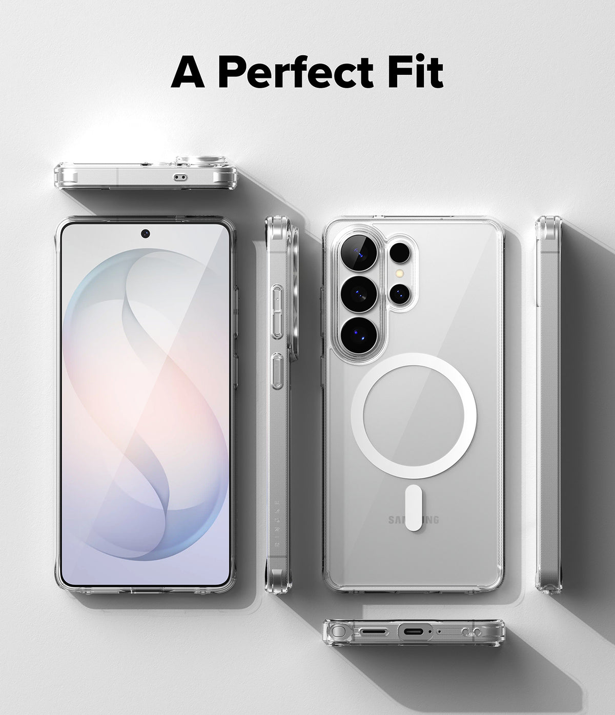 Galaxy S26 Ultra Case | Fusion Magnetic - Clear phone case with magnetic ring shown from front, back, and side angles.
