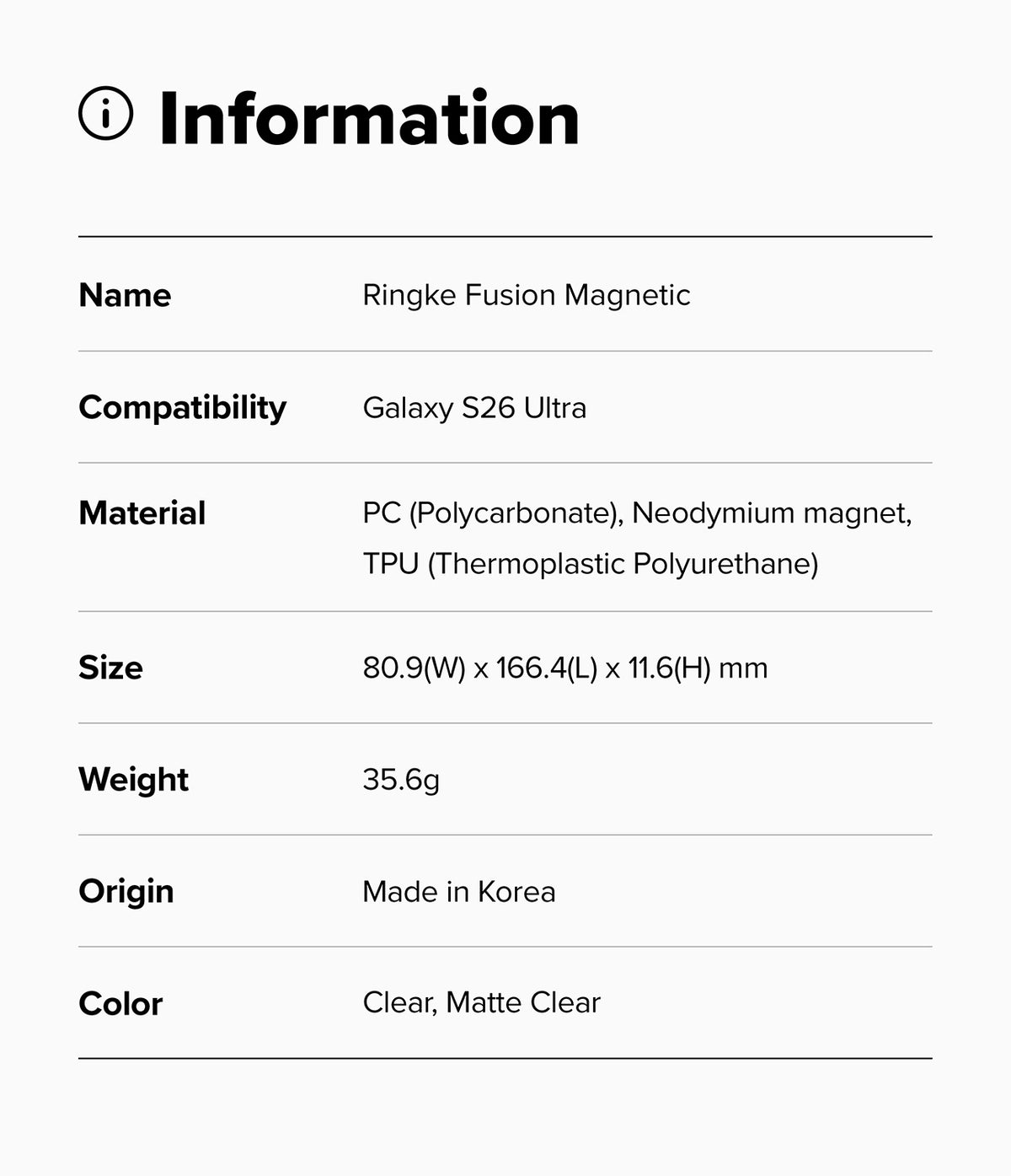 Galaxy S26 Ultra Case | Fusion Magnetic Matte - Information table listing product specs for the Ringke Fusion Magnetic.