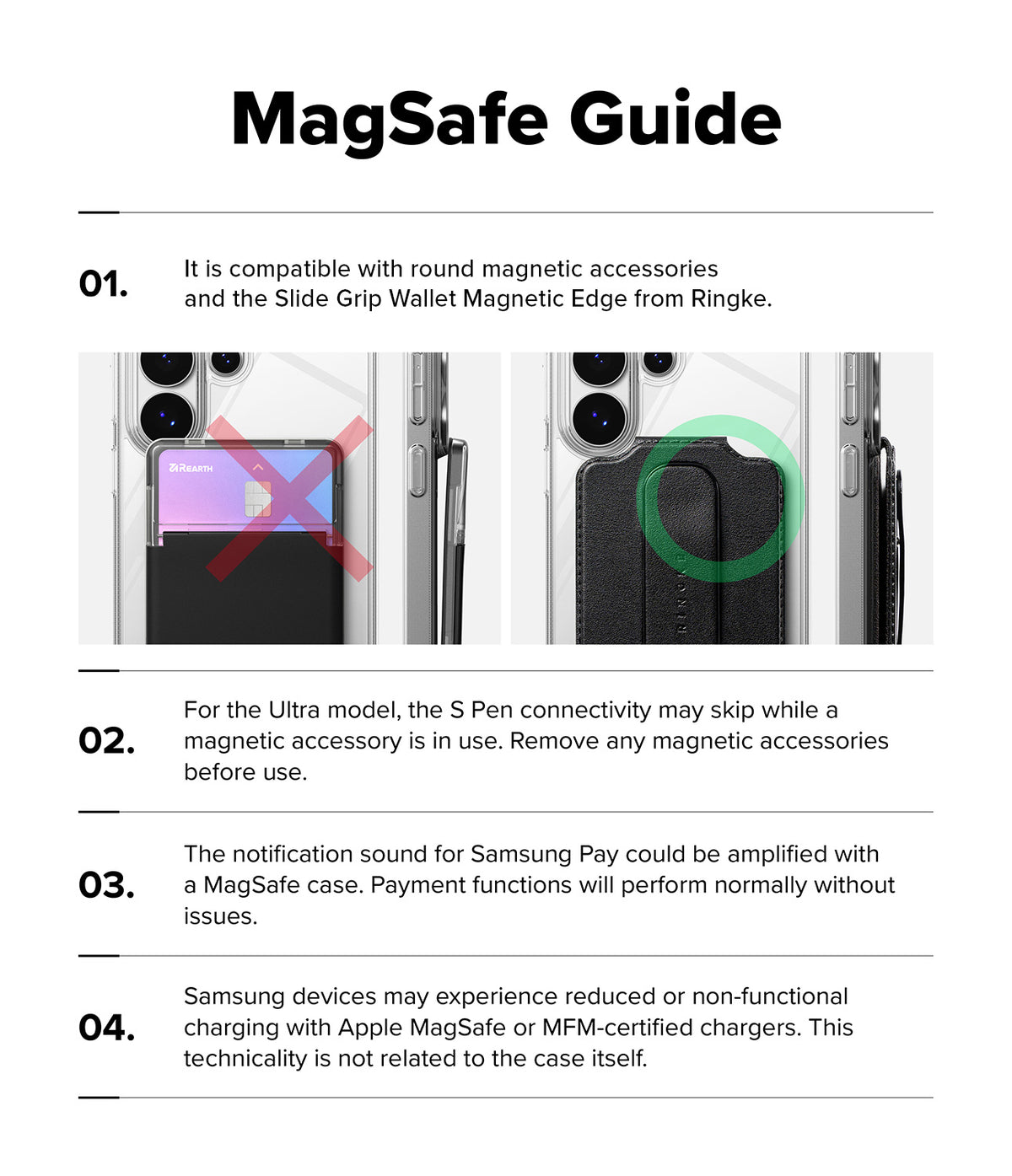 Galaxy S26 Ultra Case | Fusion Magnetic Matte - Infographic showing MagSafe accessory compatibility and usage tips.